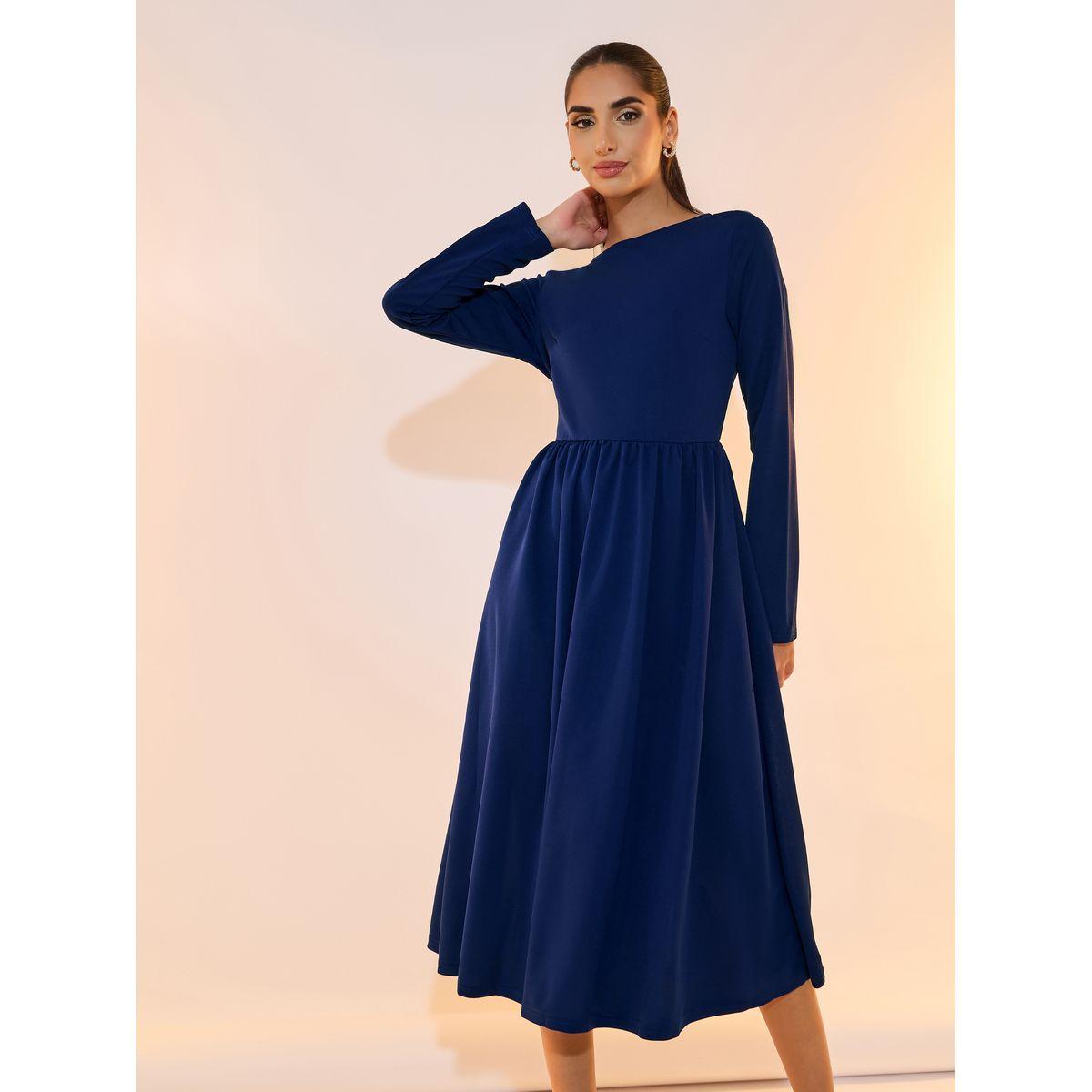 Take Two Solid Pleated Waist Boat Neck Midi Dress-women-clothing-dresses-image-2