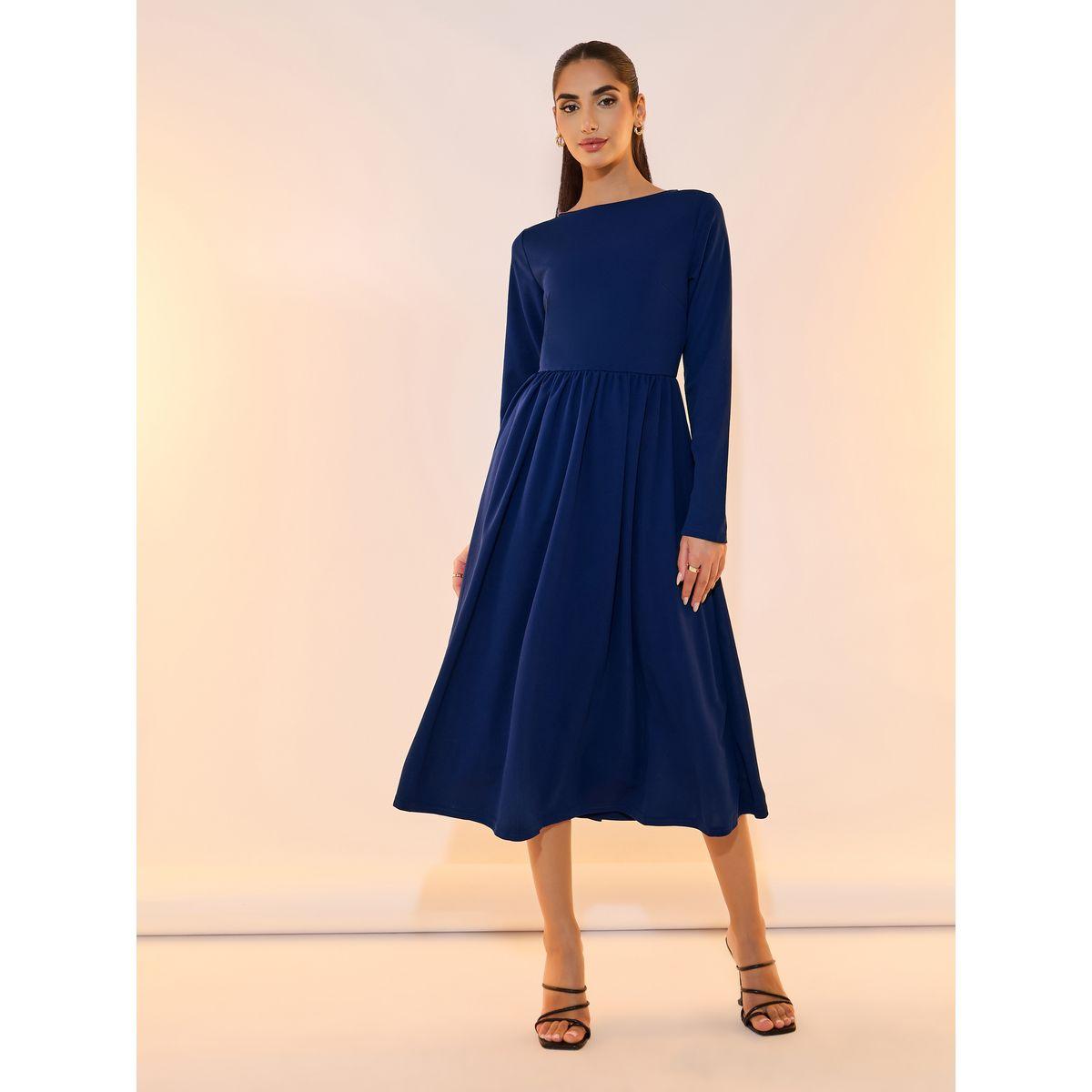 Take Two Solid Pleated Waist Boat Neck Midi Dress-women-clothing-dresses-image-4