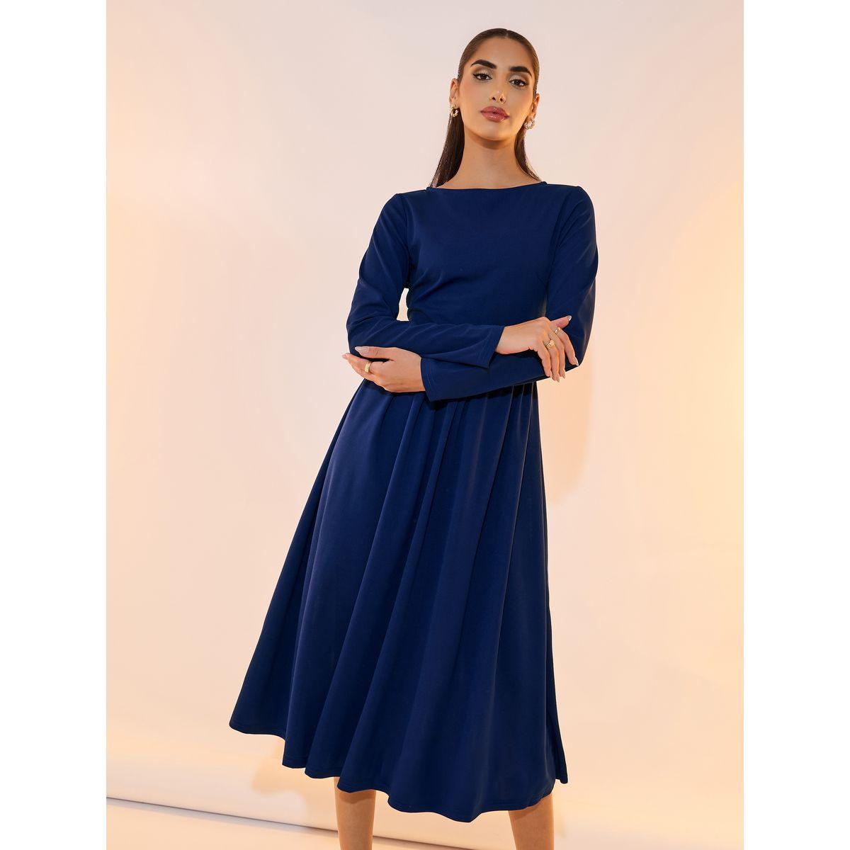 فستان ميدي سادة بياقة قارب وكسرات-women-clothing-dresses-image-5