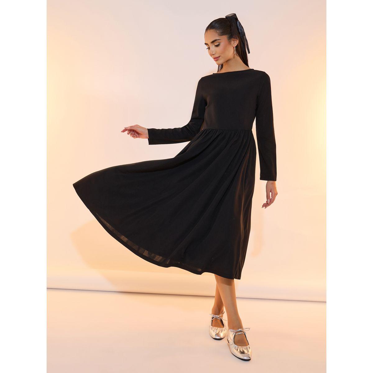 Take Two Solid Pleated Waist Boat Neck Midi Dress-women-clothing-dresses-image-1