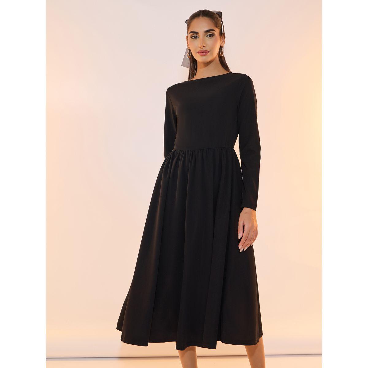 فستان ميدي سادة بياقة قارب وكسرات-women-clothing-dresses-image-2