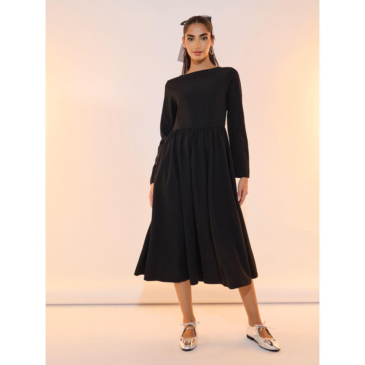 Take Two Solid Pleated Waist Boat Neck Midi Dress-women-clothing-dresses-image-4
