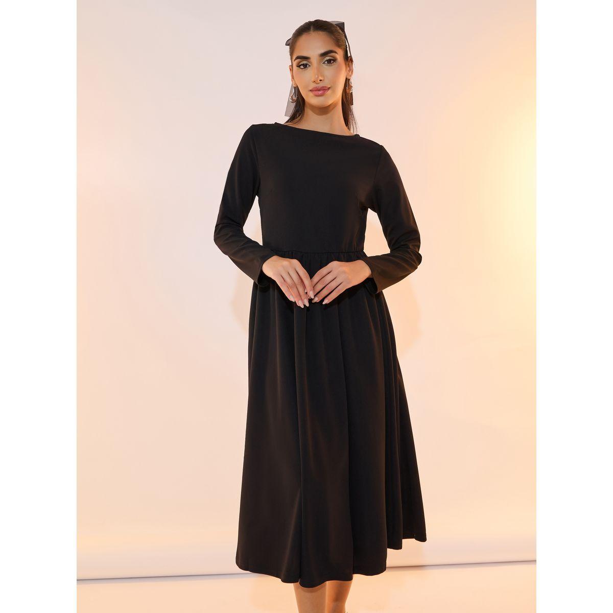 Take Two Solid Pleated Waist Boat Neck Midi Dress-women-clothing-dresses-image-5