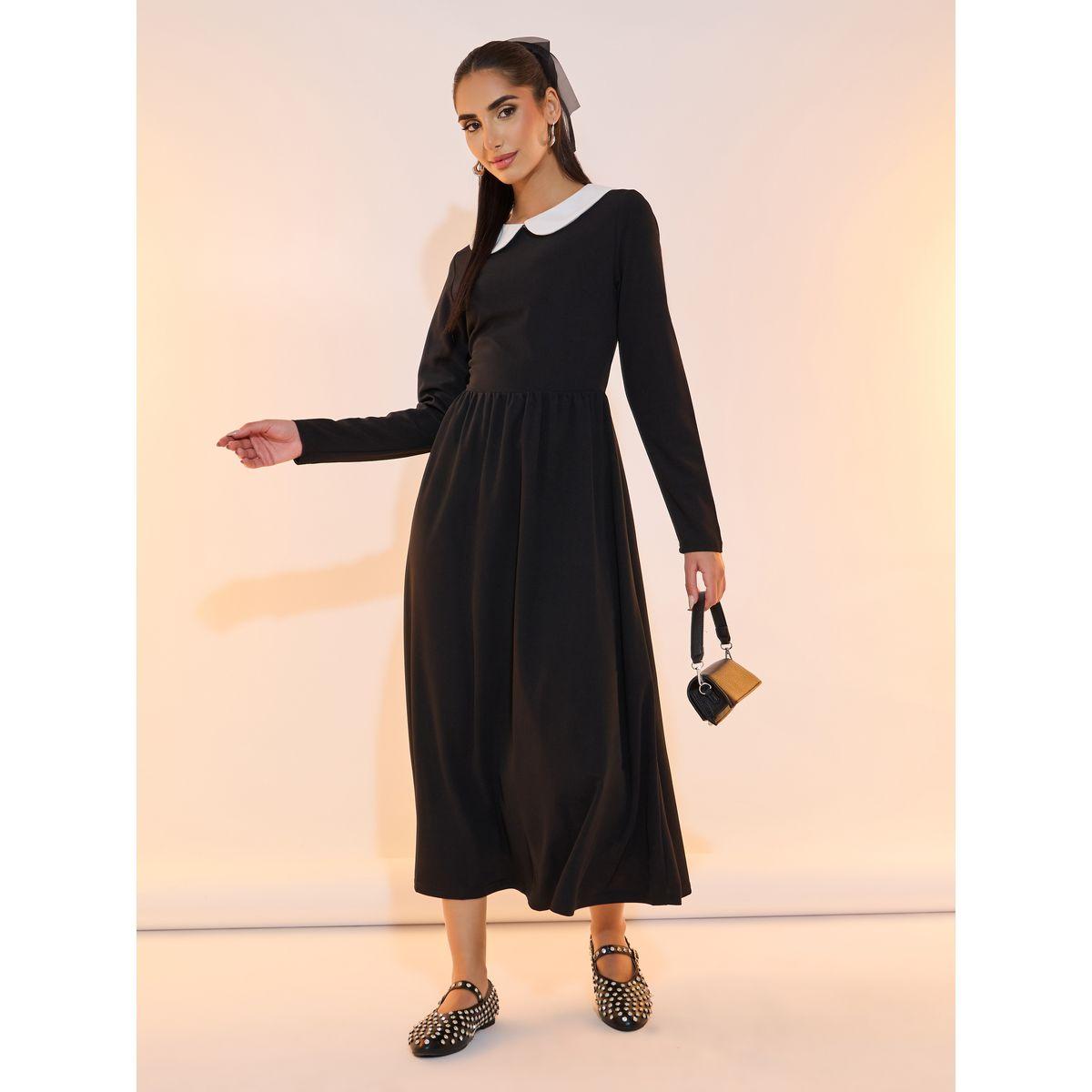 Take Two Contrast Peter Pan Collar A-Line Midi Dress-women-clothing-dresses-image-1