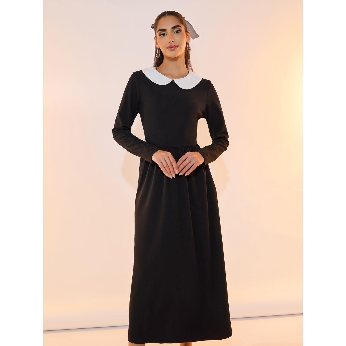 فستان ميدي سادة بياقة بيتر بان وكسرات-women-clothing-dresses-image-2