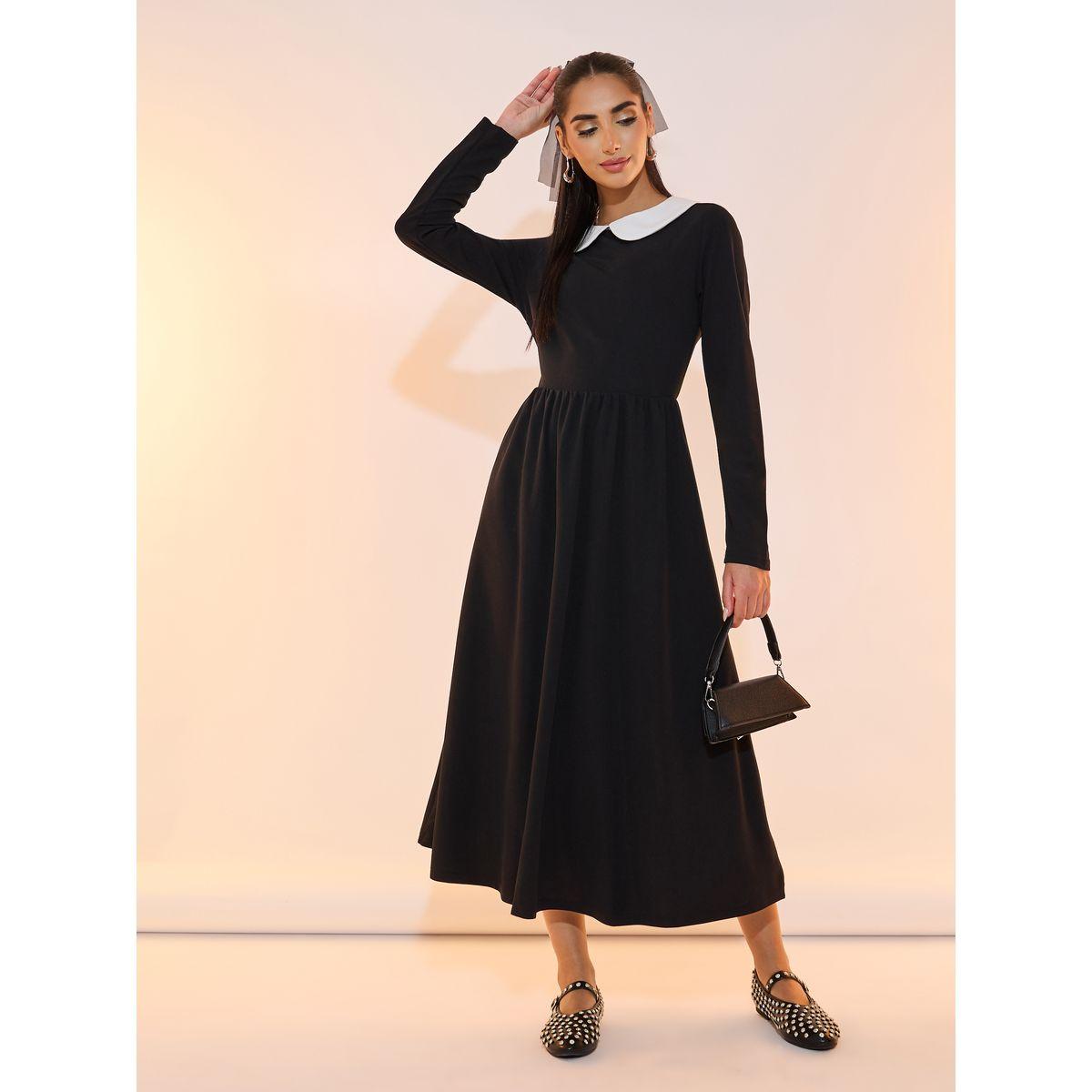 فستان ميدي سادة بياقة بيتر بان وكسرات-women-clothing-dresses-image-4