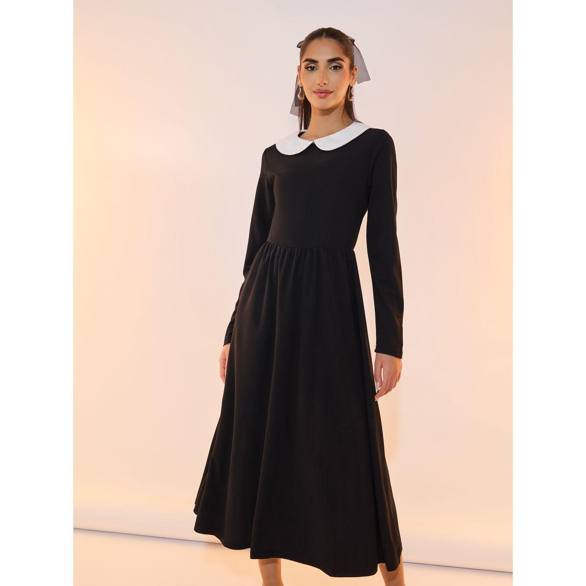 فستان ميدي سادة بياقة بيتر بان وكسرات-women-clothing-dresses-image-5