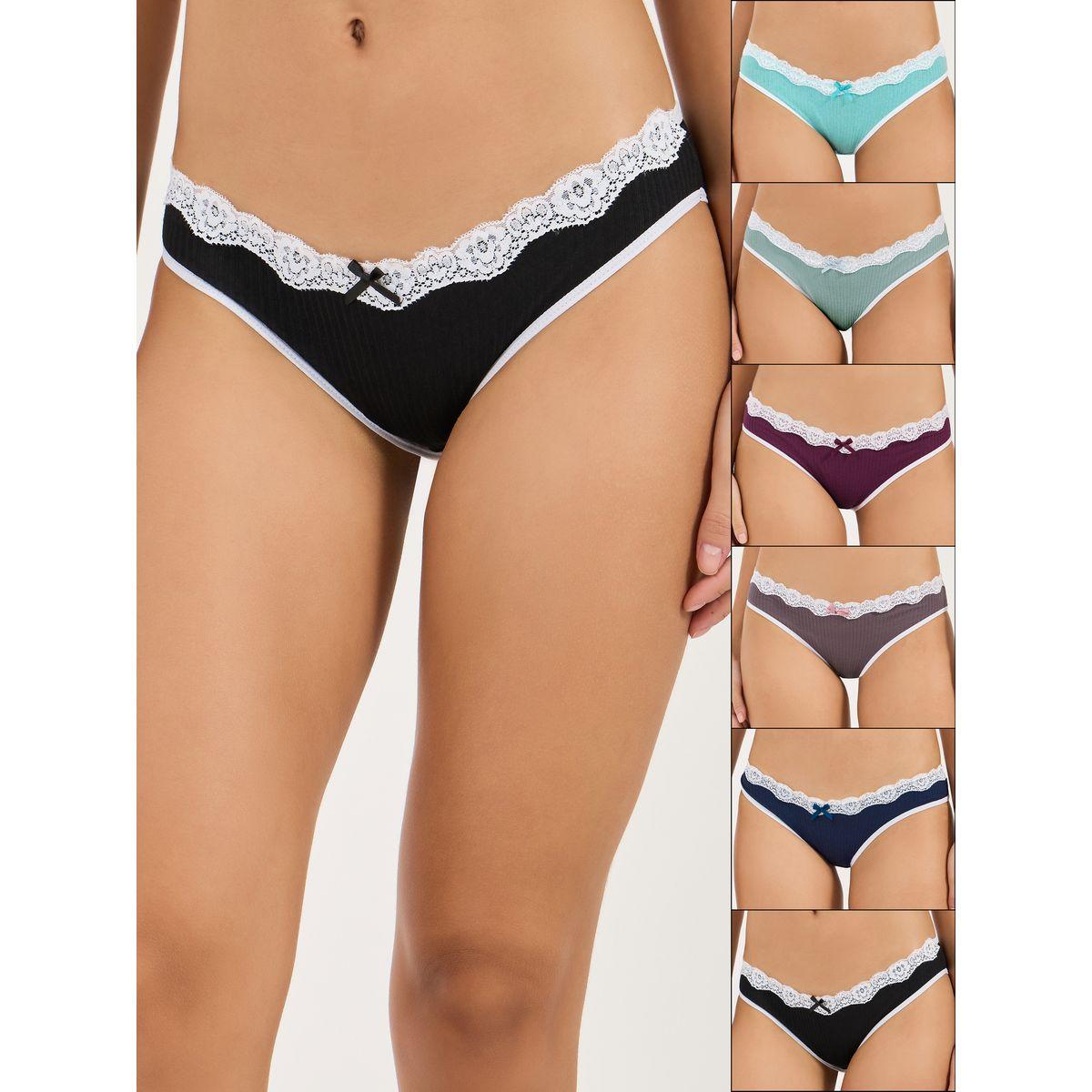 Styli Pack of 6 - Contrast Lace & Bow Trim Cotton Bikini Brief-women-clothing-lingerie-panties-image-1