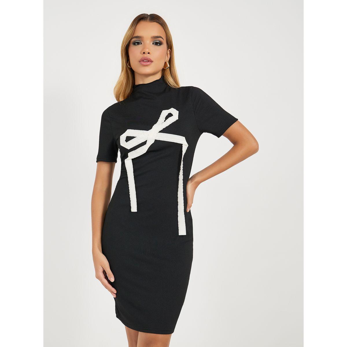 فستان بديكون مضلع مزين بفيونكة مع أكمام قصيرة-women-clothing-dresses-image-5