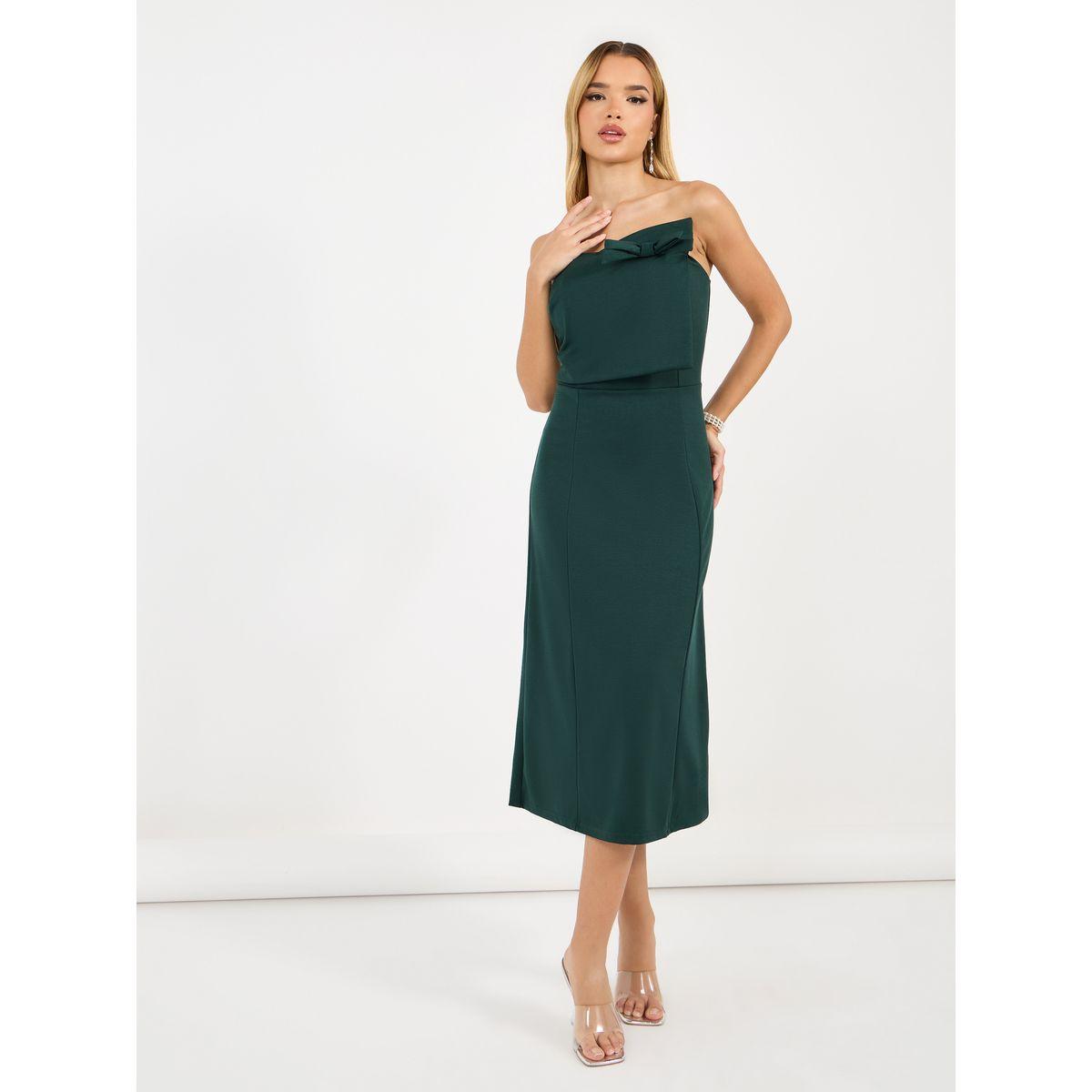 Styli Bardot Neck A-Line Midi Dress with Bow Detail-women-clothing-dresses-image-1