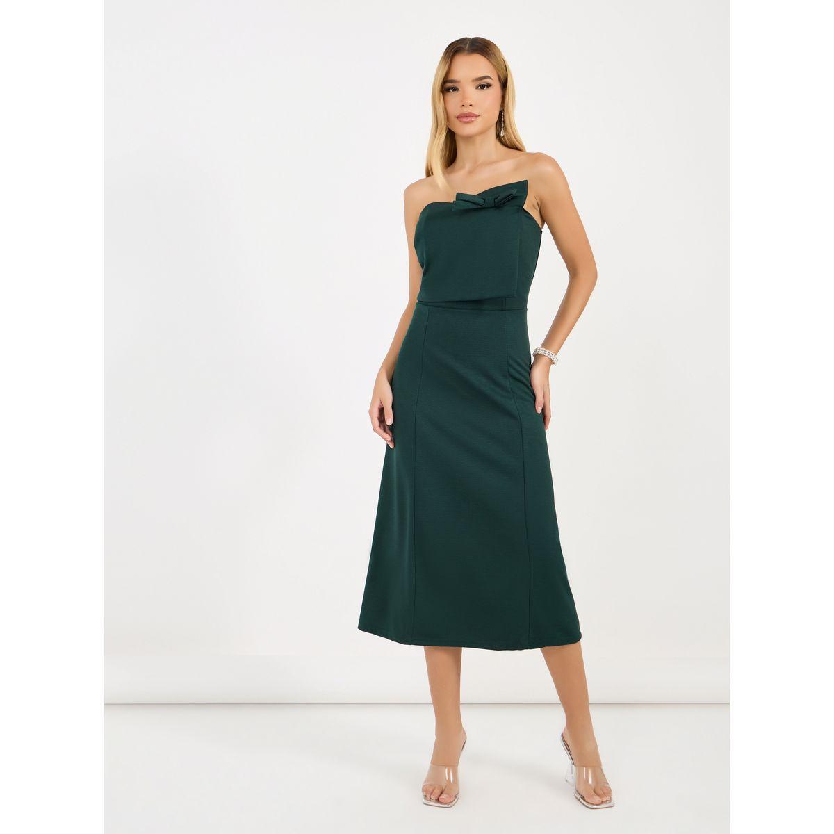 Styli Bardot Neck A-Line Midi Dress with Bow Detail-women-clothing-dresses-image-4