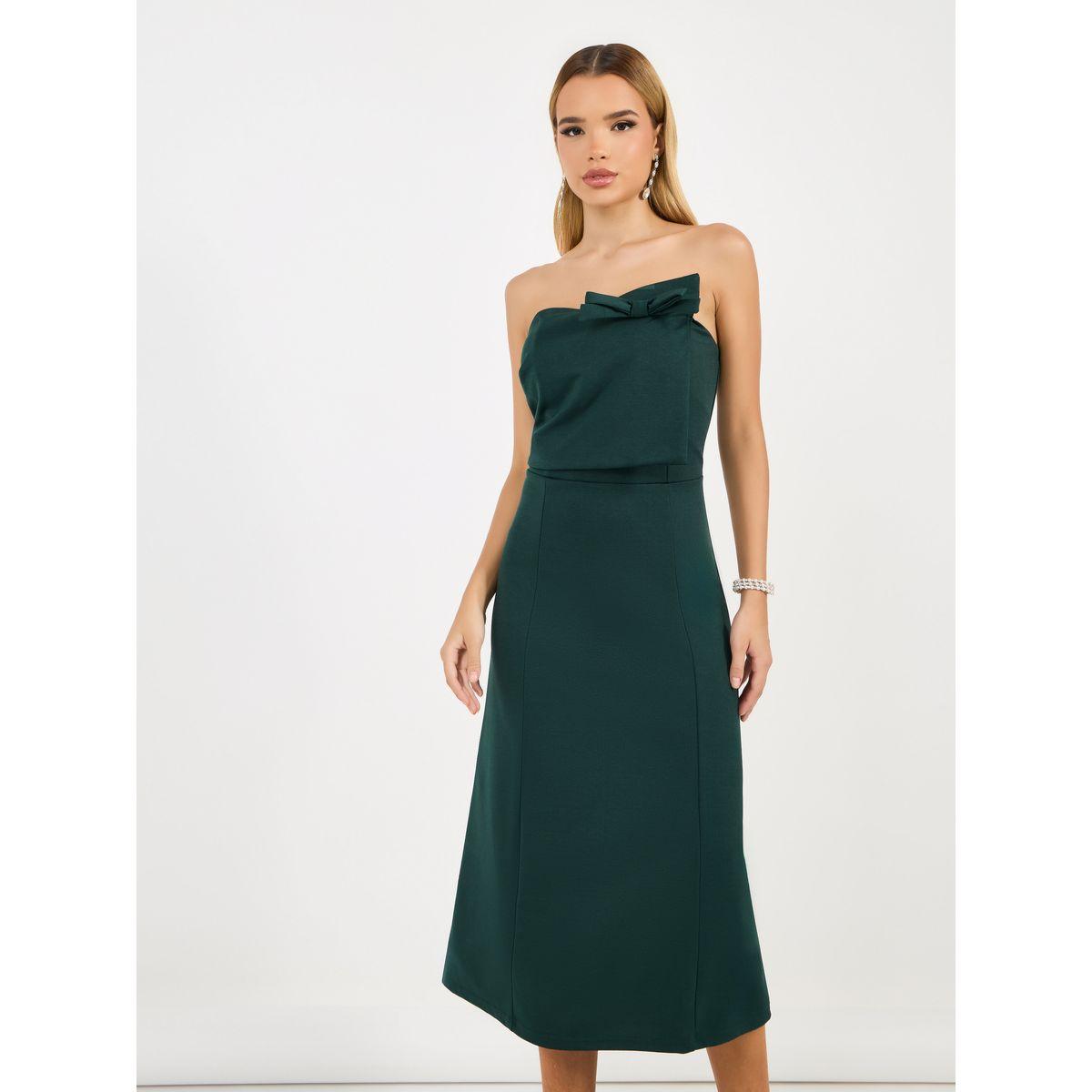Styli Bardot Neck A-Line Midi Dress with Bow Detail-women-clothing-dresses-image-5