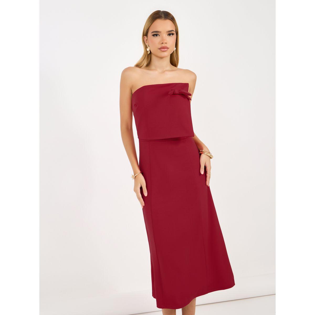 Styli Bardot Neck A-Line Midi Dress with Bow Detail-women-clothing-dresses-image-2