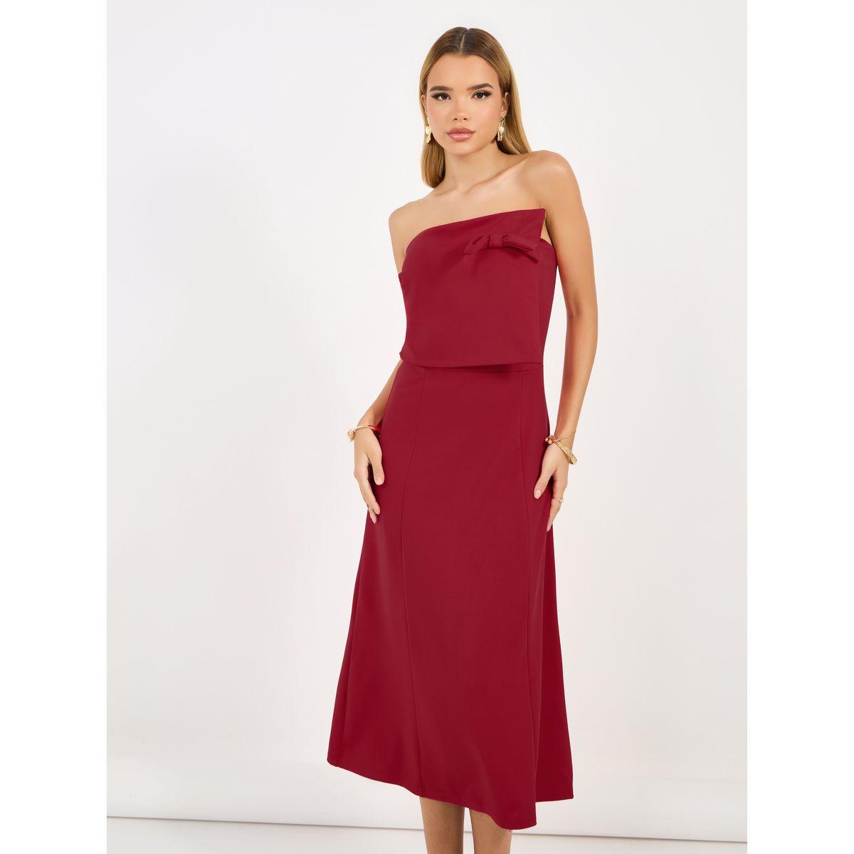 Styli Bardot Neck A-Line Midi Dress with Bow Detail-women-clothing-dresses-image-5