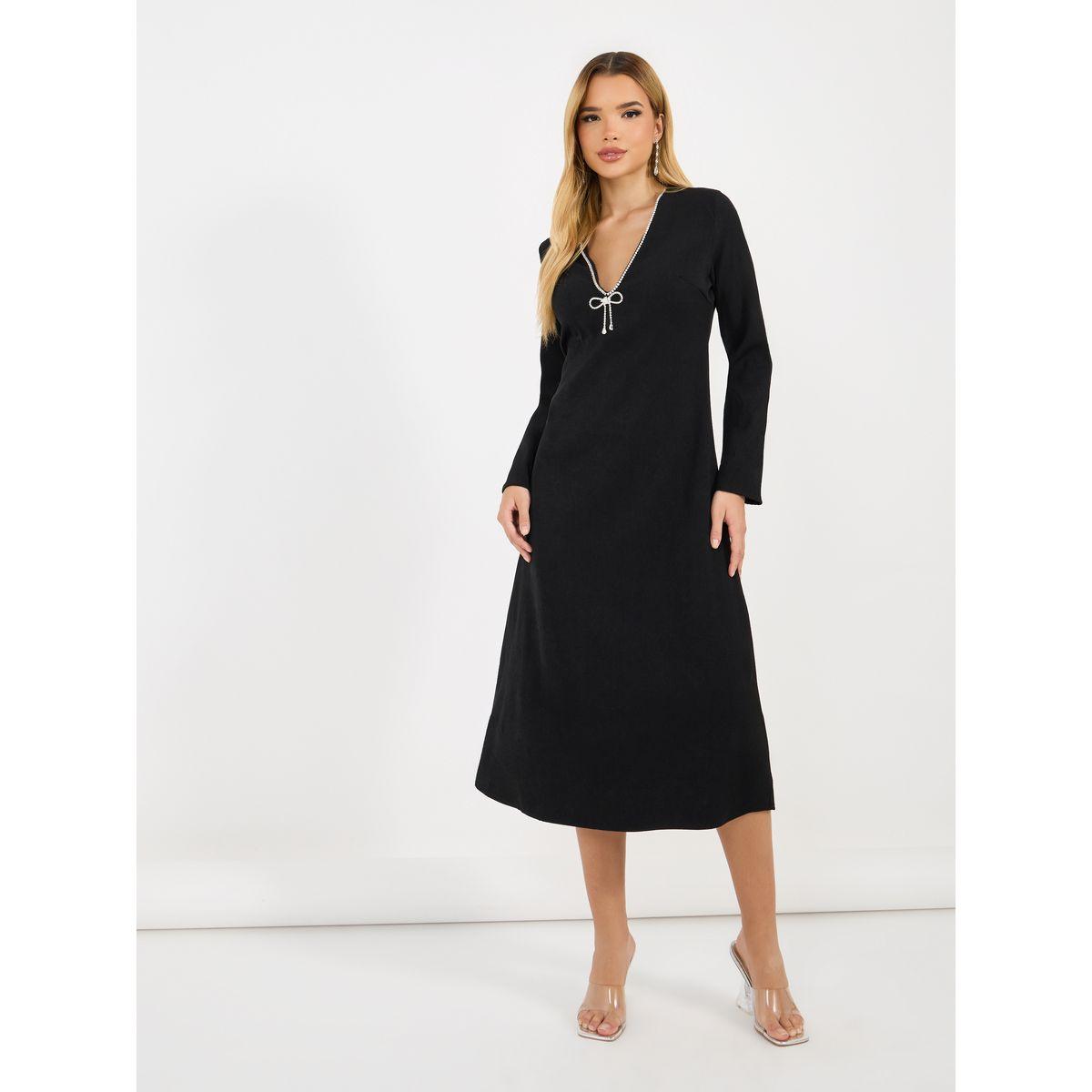 Styli Studded Bow Detail A-Line Midi Dress-women-clothing-dresses-image-1