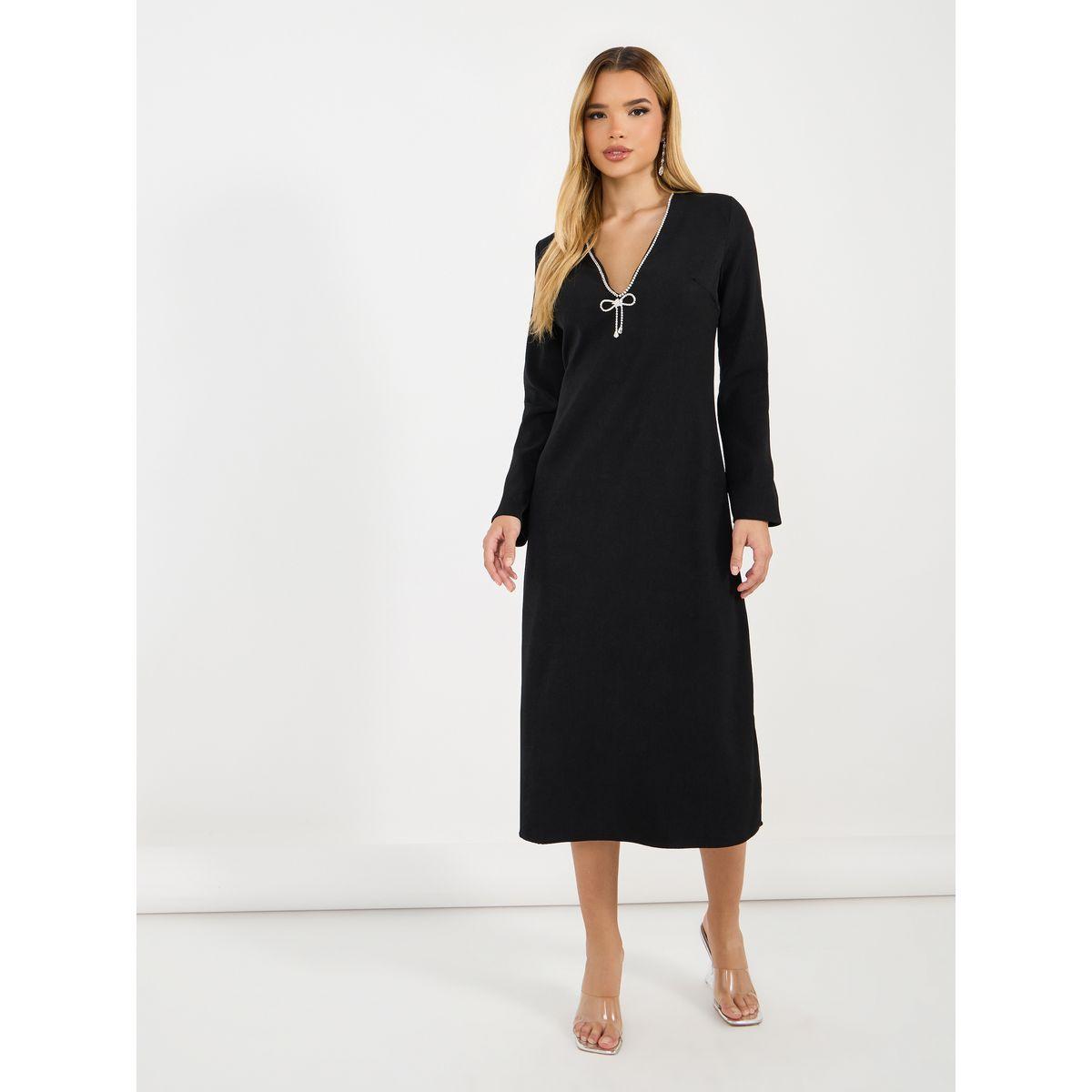 Styli Studded Bow Detail A-Line Midi Dress-women-clothing-dresses-image-4