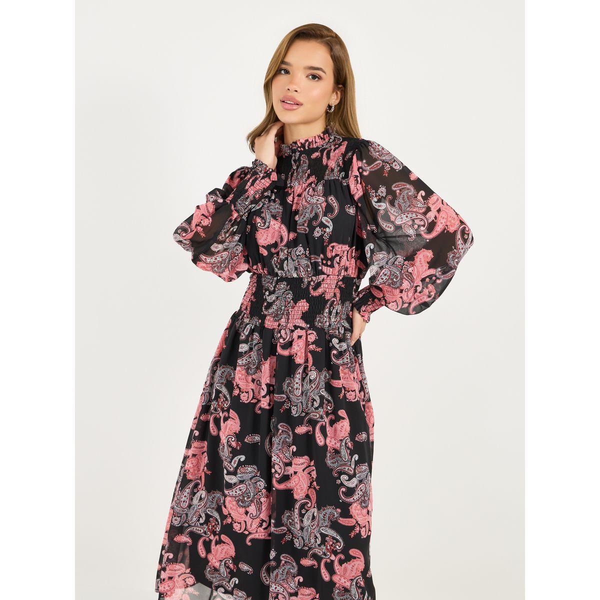 فستان ميدي بطبعة بيزلي وأكمام بالون-women-clothing-dresses-image-2