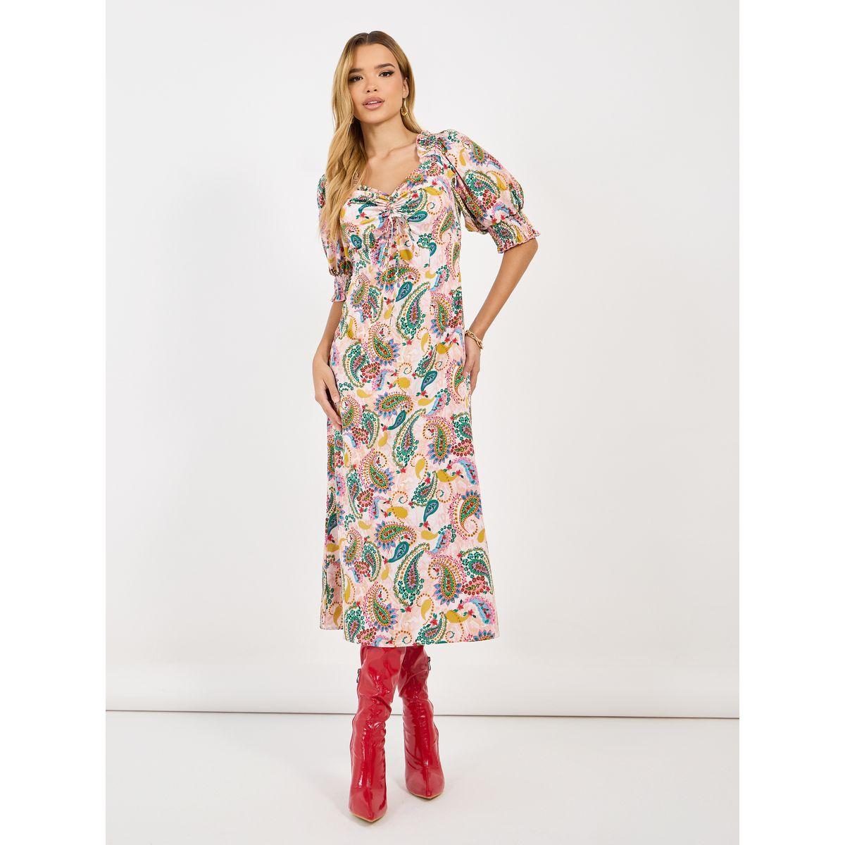 Styli All Over Print Ruched Detail Midi Dress-women-clothing-dresses-image-1