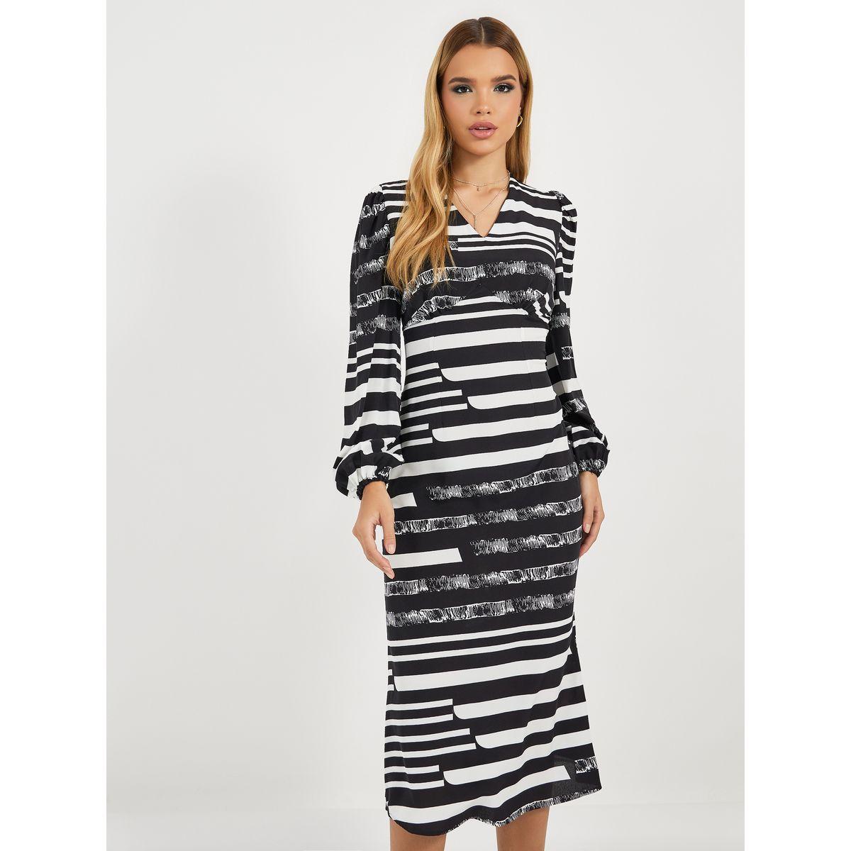 Styli Striped Balloon Sleeves V Neck Midi Dress-women-clothing-dresses-image-2
