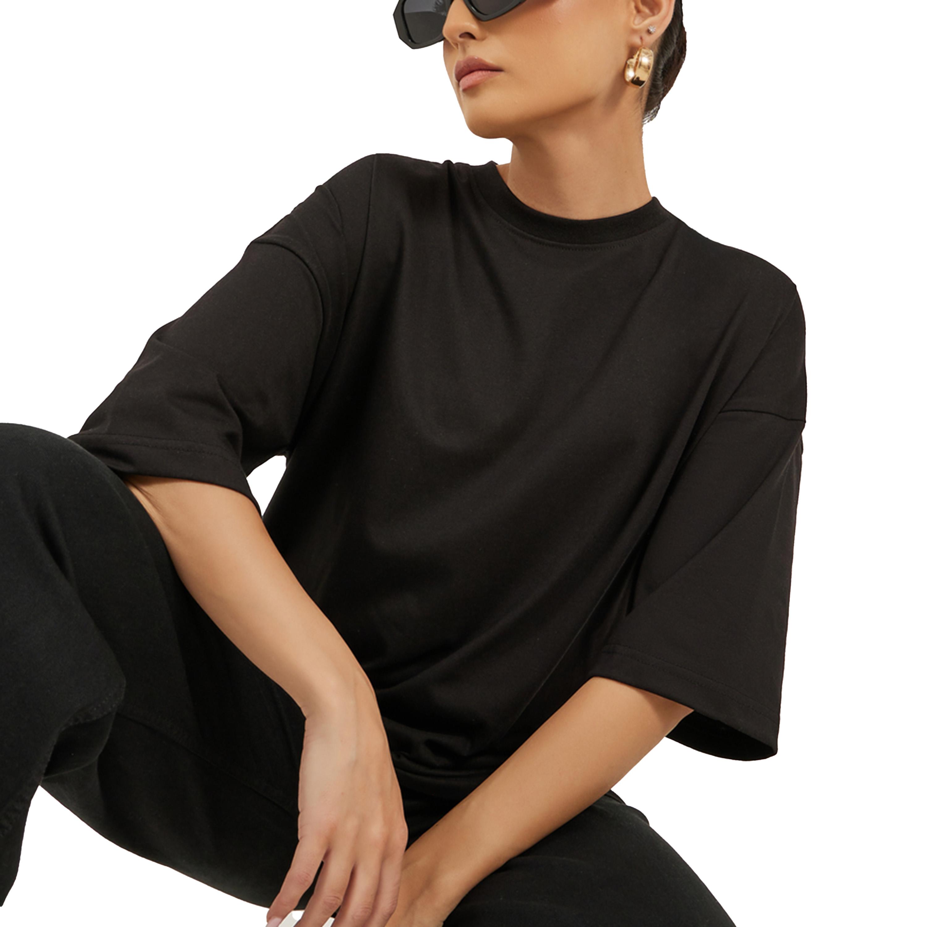 ستايلي -  تي شيرت مقاس كبيربطباعة شعار وأكتاف منسدلة-women-clothing-tshirts-image-3