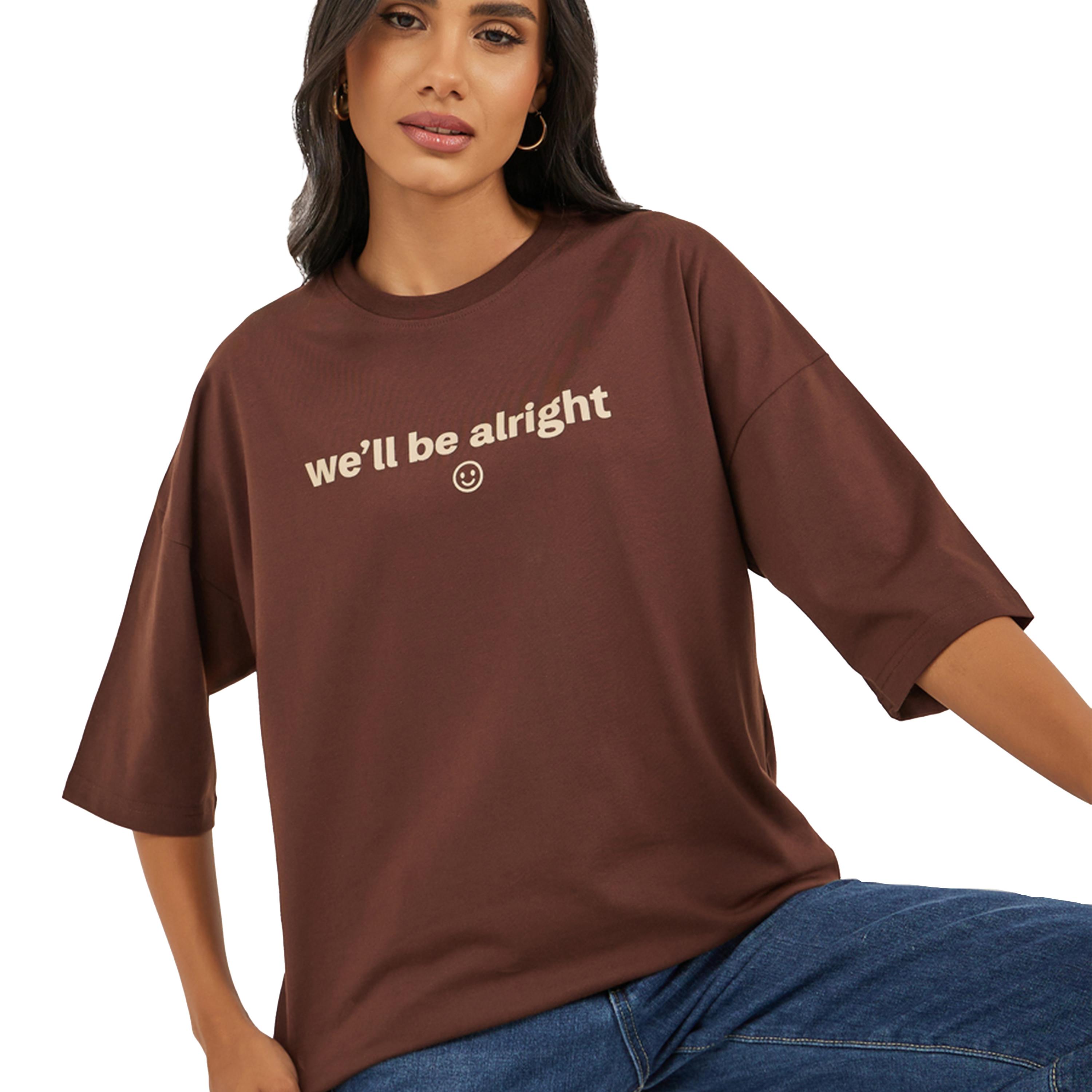 ستايلي -  تي شيرت مقاس كبيربكتف منسدل مطبوع عليه شعار-women-clothing-tshirts-image-1