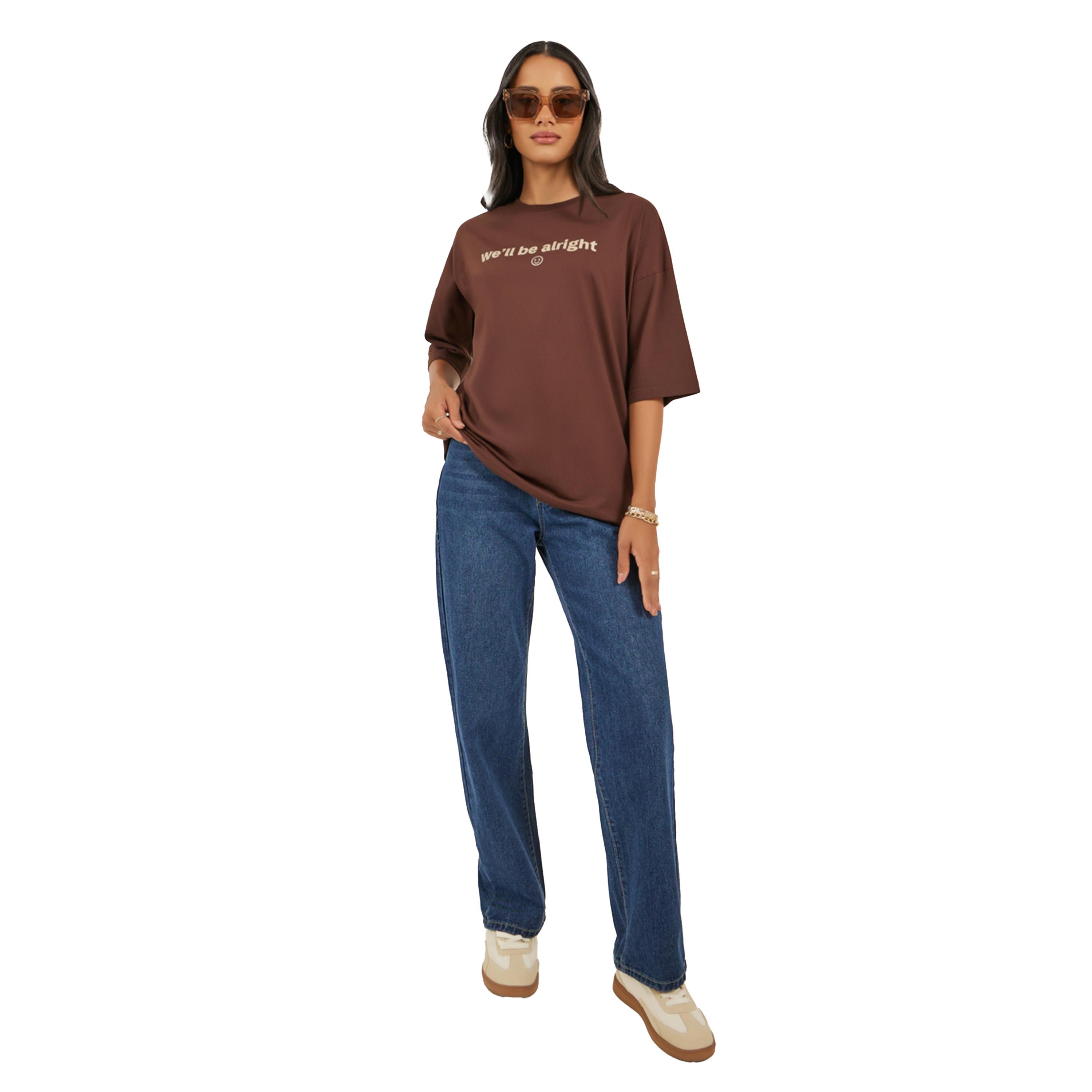 ستايلي -  تي شيرت مقاس كبيربكتف منسدل مطبوع عليه شعار-women-clothing-tshirts-image-3
