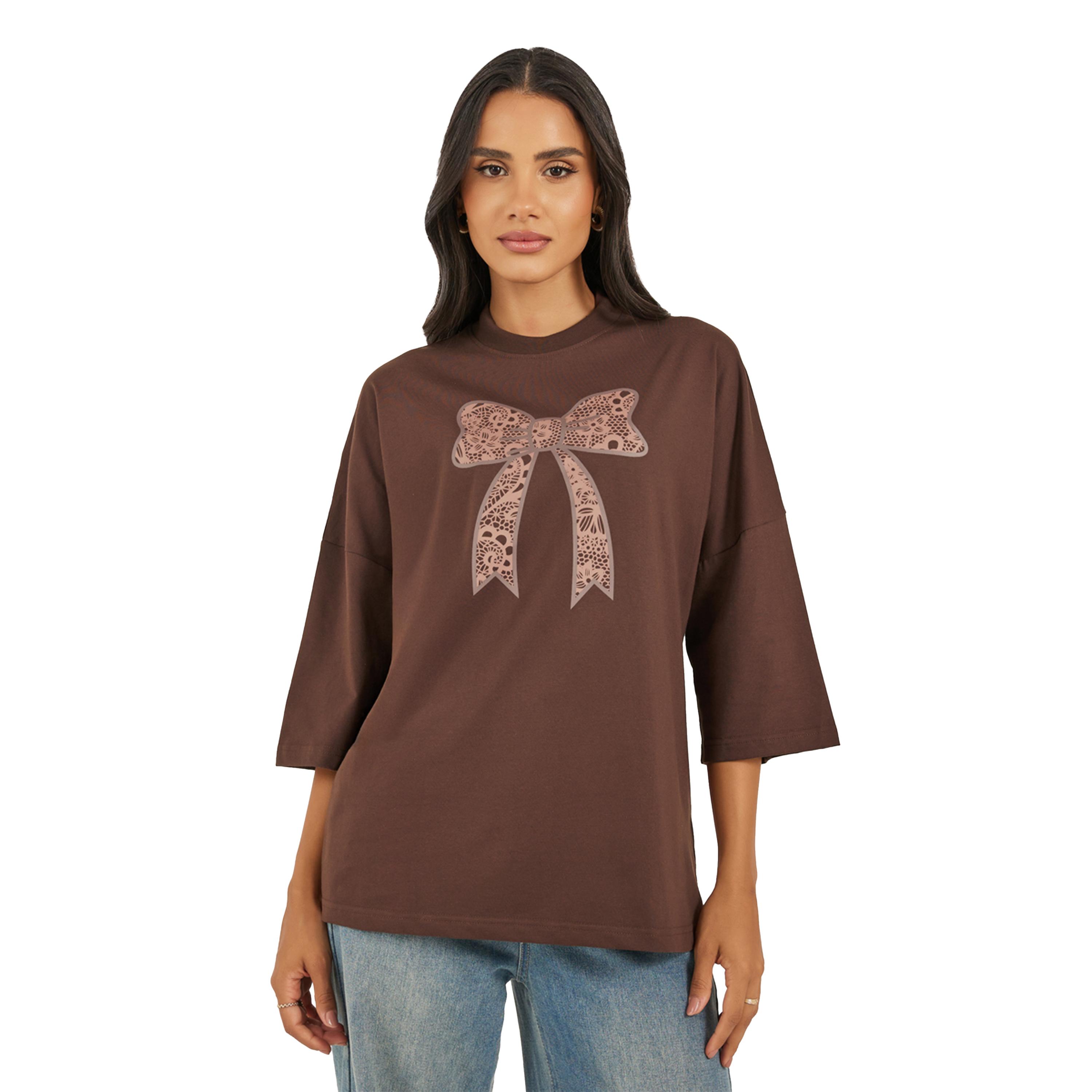 ستايلي - تي شيرت طويل بأكمام كبيرة وطبعة فيونكة-women-clothing-tshirts-image-1