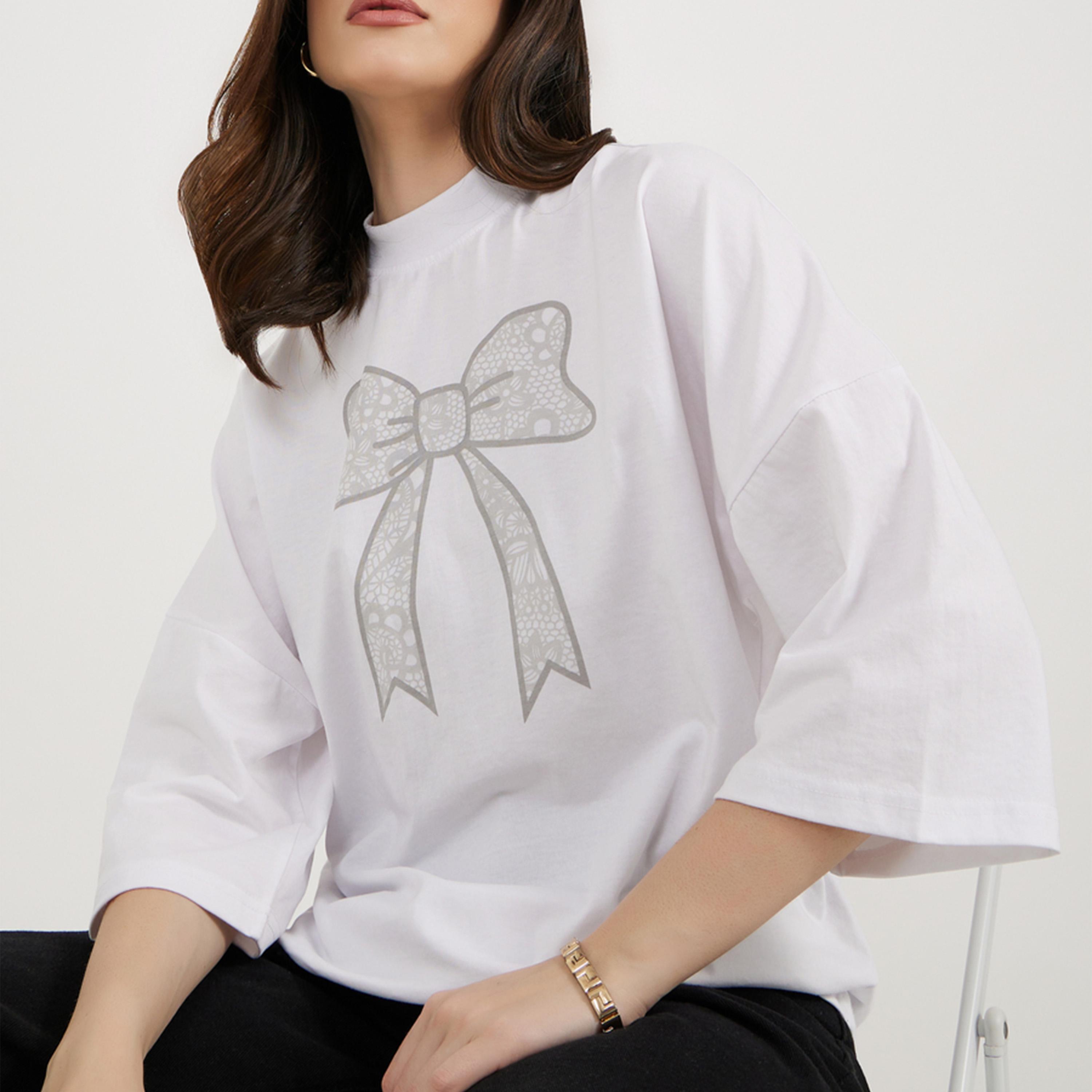 ستايلي - تي شيرت فيونكة جرافيكي بأكمام مبالغ فيها وطويلة الحجم-women-clothing-tshirts-image-1