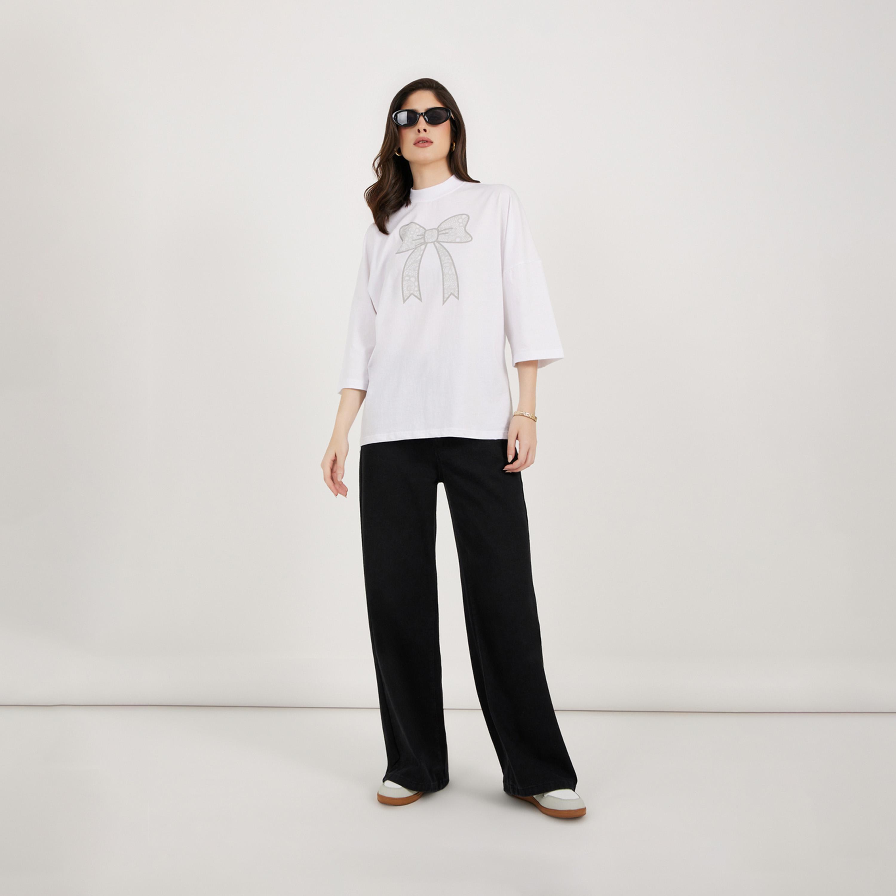 Styli Bow Graphic Exaggerated Sleeve Oversized Longline T-Shirt-women-clothing-tshirts-image-2
