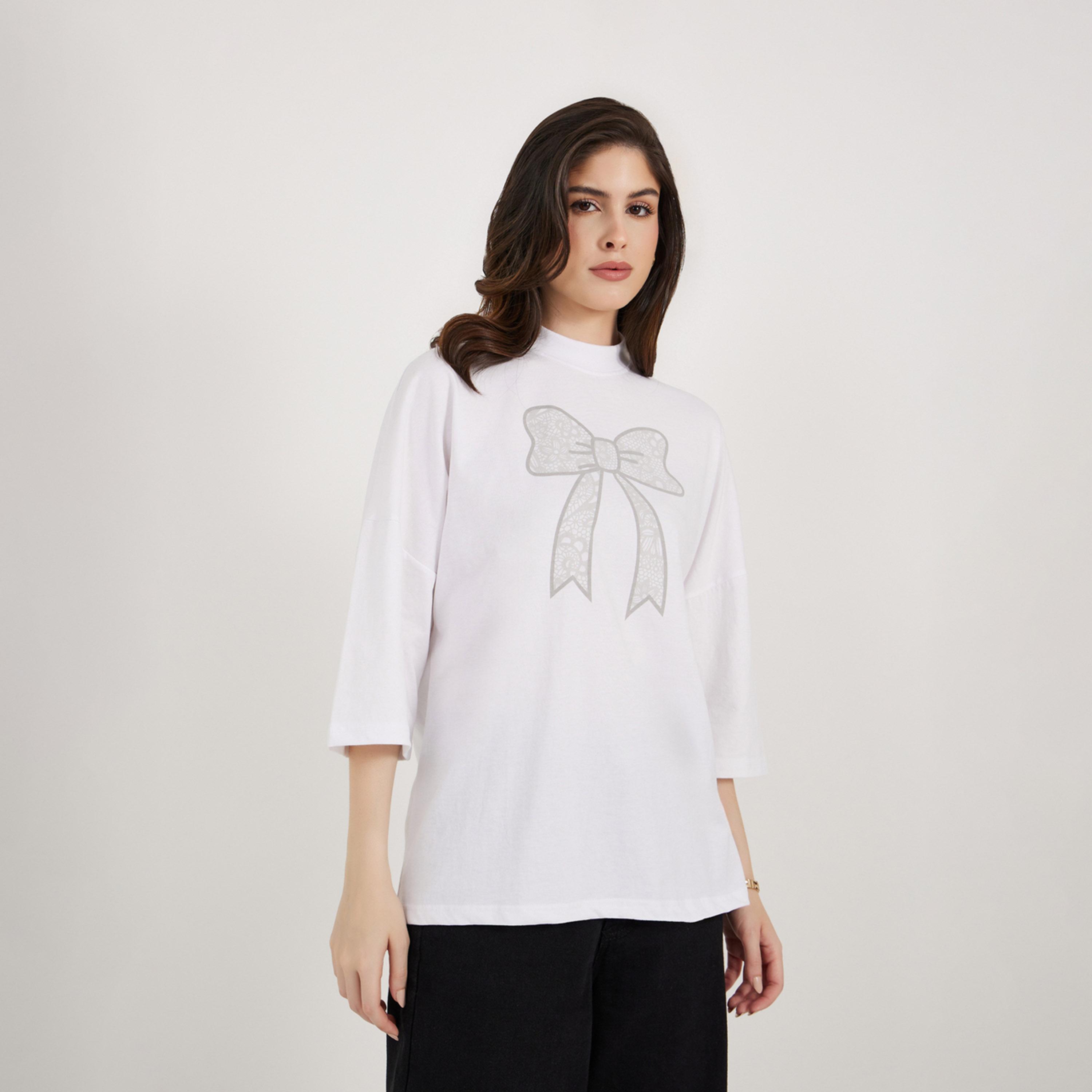 Styli Bow Graphic Exaggerated Sleeve Oversized Longline T-Shirt-women-clothing-tshirts-image-3