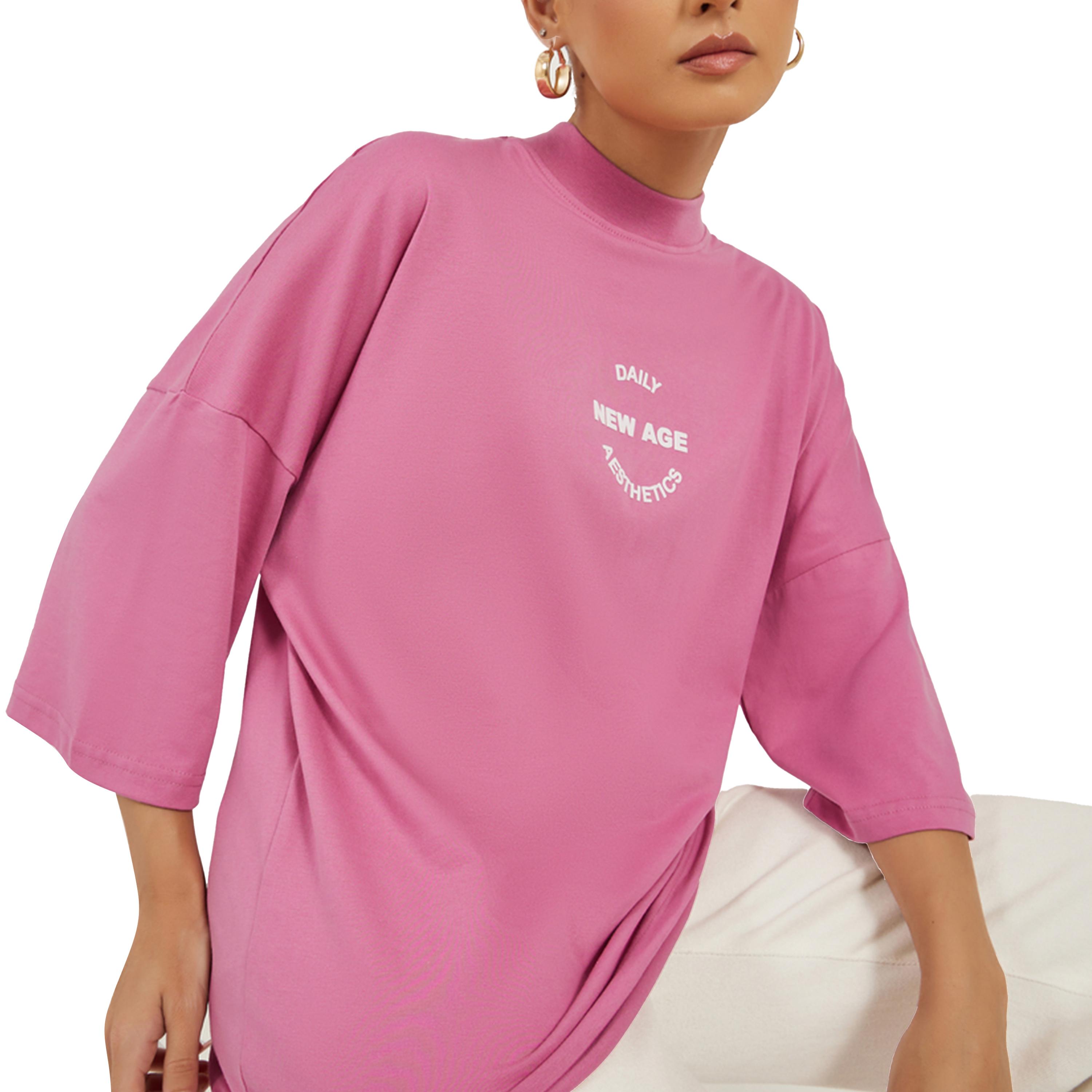 ستايلي -  تي شيرت مقاس كبيربرقبة عالية ومطبوع عليه شعار-women-clothing-tshirts-image-1