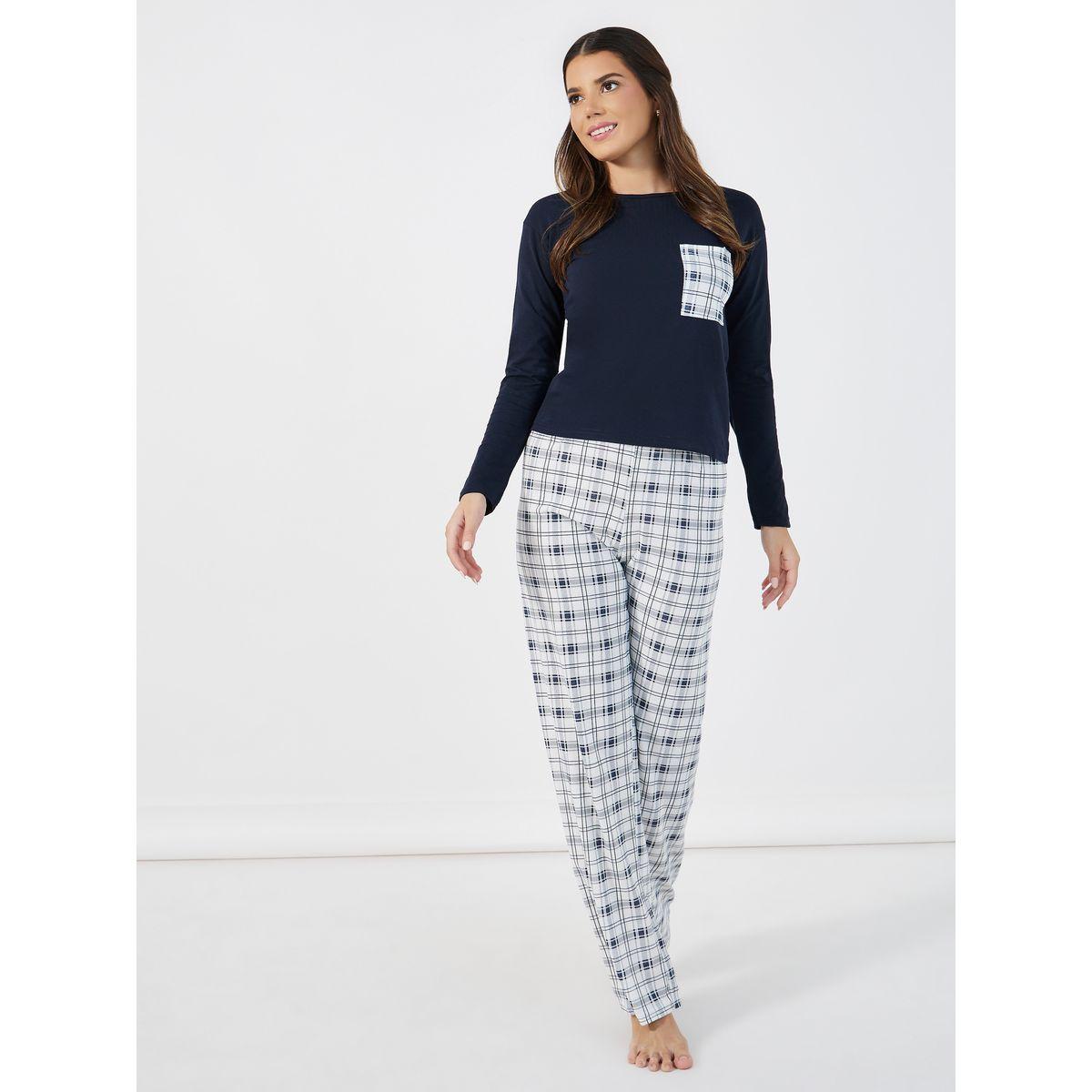 Styli Unwind Checked Print Pocket Dropped Shoulder T-Shirt & Pyjama Set-women-clothing-nightwear-pyjamas-longsets-image-1