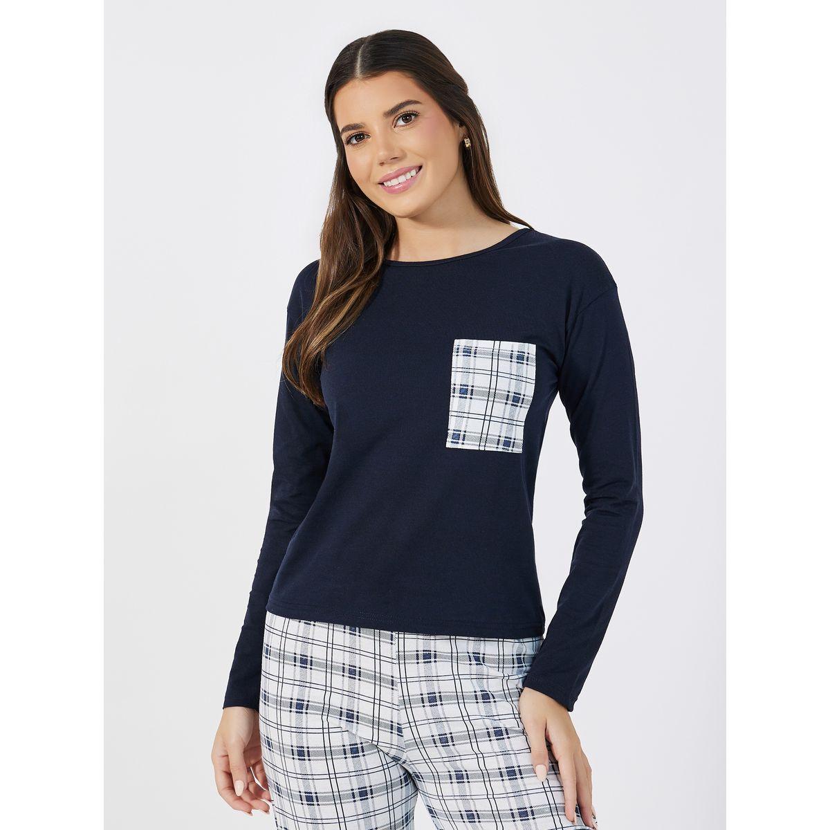 Styli Unwind Checked Print Pocket Dropped Shoulder T-Shirt & Pyjama Set-women-clothing-nightwear-pyjamas-longsets-image-2