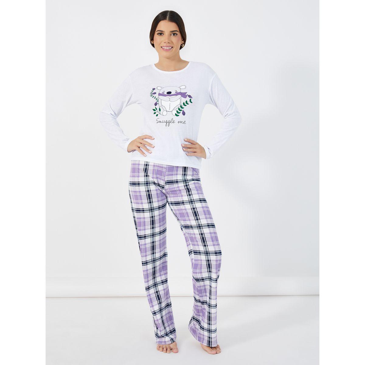 Styli Unwind Koala Graphic Long Sleeves T-Shirt & Check Pyjama Set-women-clothing-nightwear-pyjamas-longsets-image-1