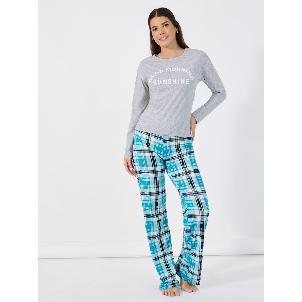 Styli Unwind Morning Slogan Long Sleeves T-Shirt & Check Pyjama Set-women-clothing-nightwear-pyjamas-longsets-image-1