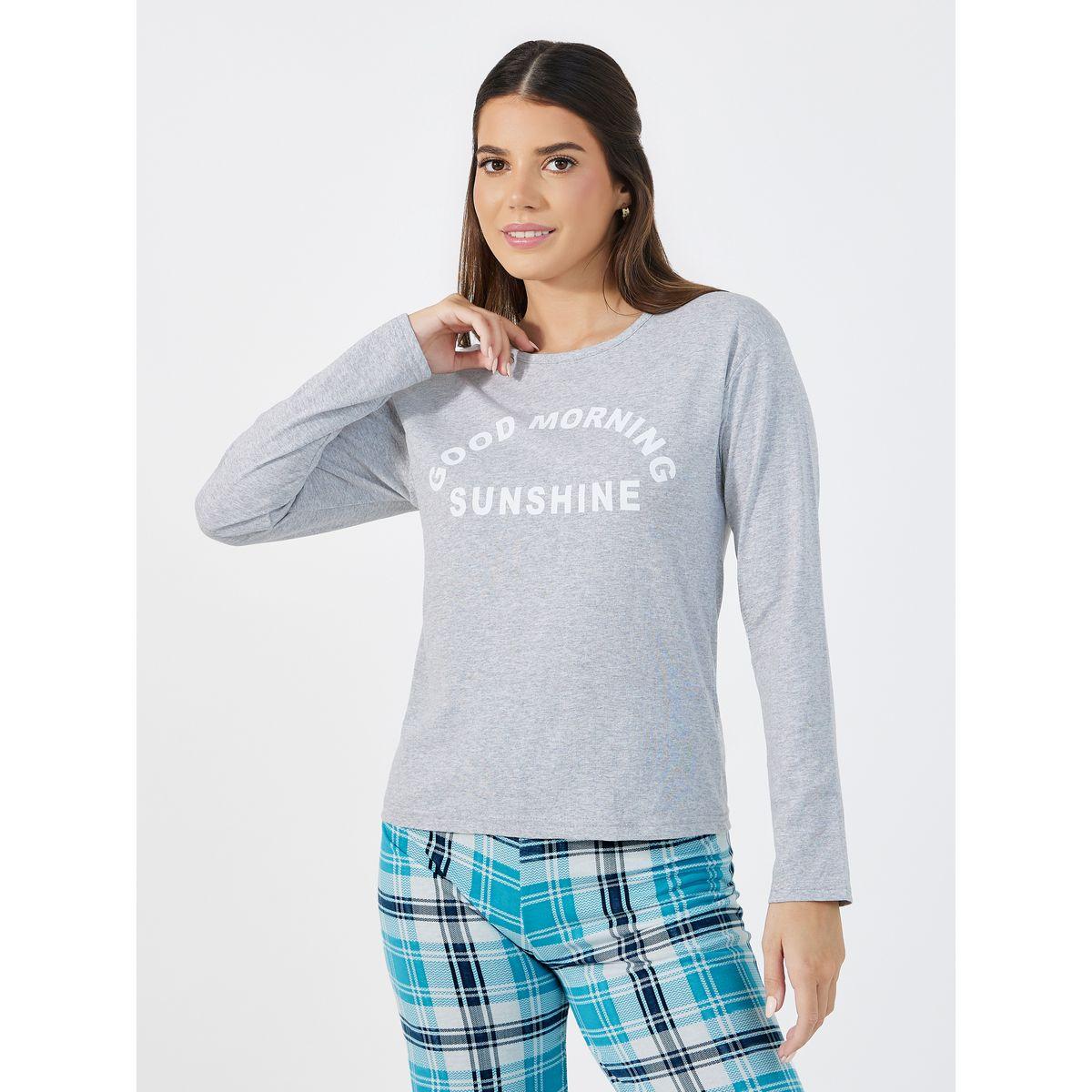 Styli Unwind Morning Slogan Long Sleeves T-Shirt & Check Pyjama Set-women-clothing-nightwear-pyjamas-longsets-image-2