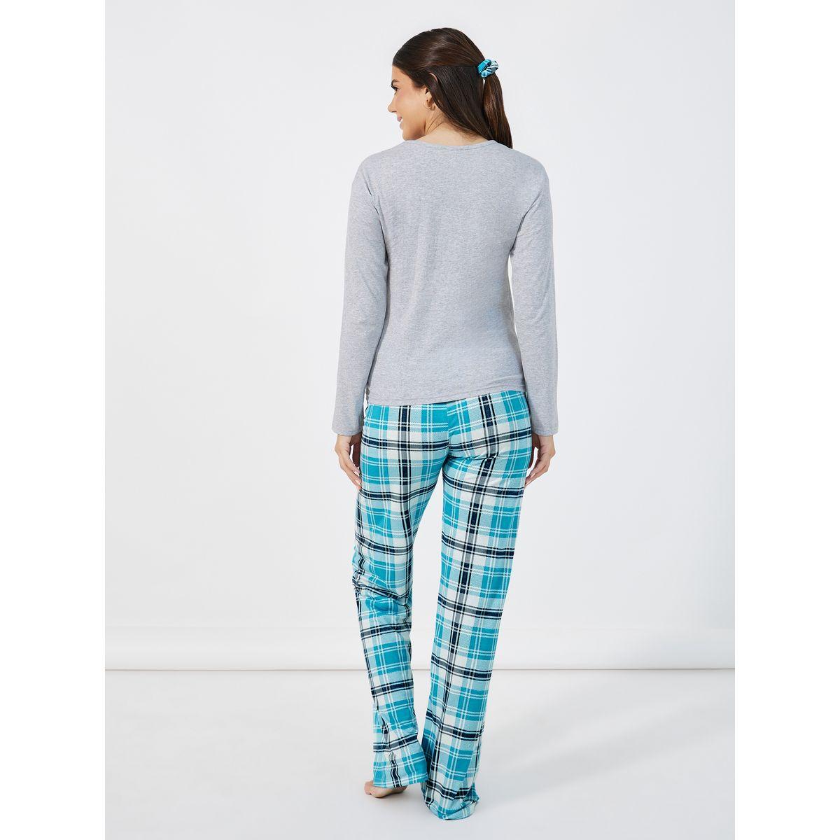 Styli Unwind Morning Slogan Long Sleeves T-Shirt & Check Pyjama Set-women-clothing-nightwear-pyjamas-longsets-image-4