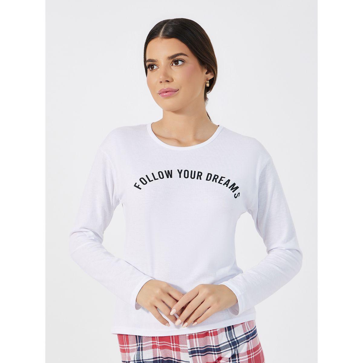 Styli Unwind Dreams Slogan Long Sleeves T-Shirt & Check Pyjama Set-women-clothing-nightwear-pyjamas-longsets-image-2