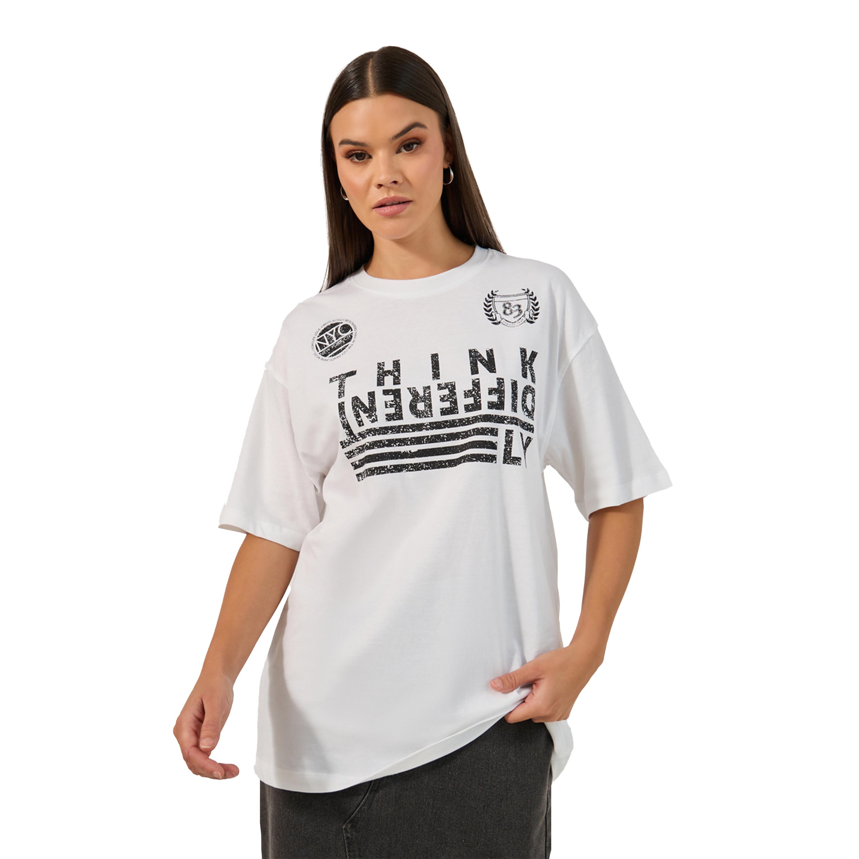 ستايلي -  تي شيرت مقاس كبيربياقة دائرية مطبوع عليه شعار-women-clothing-tshirts-image-1