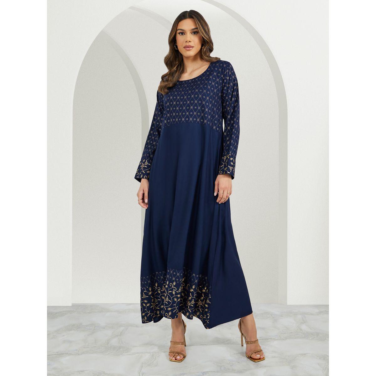 Placement Foil Print Flared Jalabiya-women-arabicclothing-jalabiyas-image-1