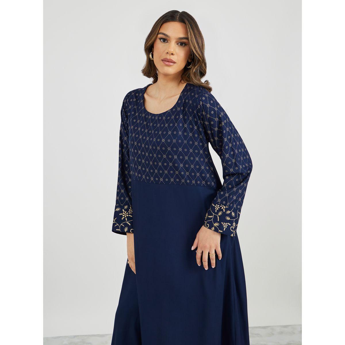 Placement Foil Print Flared Jalabiya-women-arabicclothing-jalabiyas-image-2