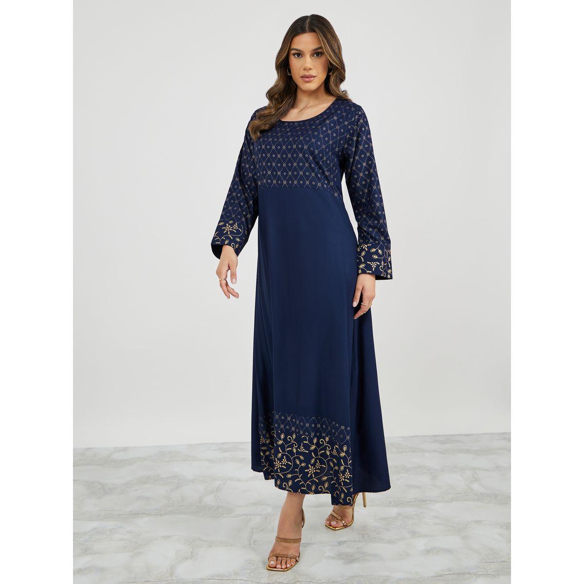 Placement Foil Print Flared Jalabiya-women-arabicclothing-jalabiyas-image-3