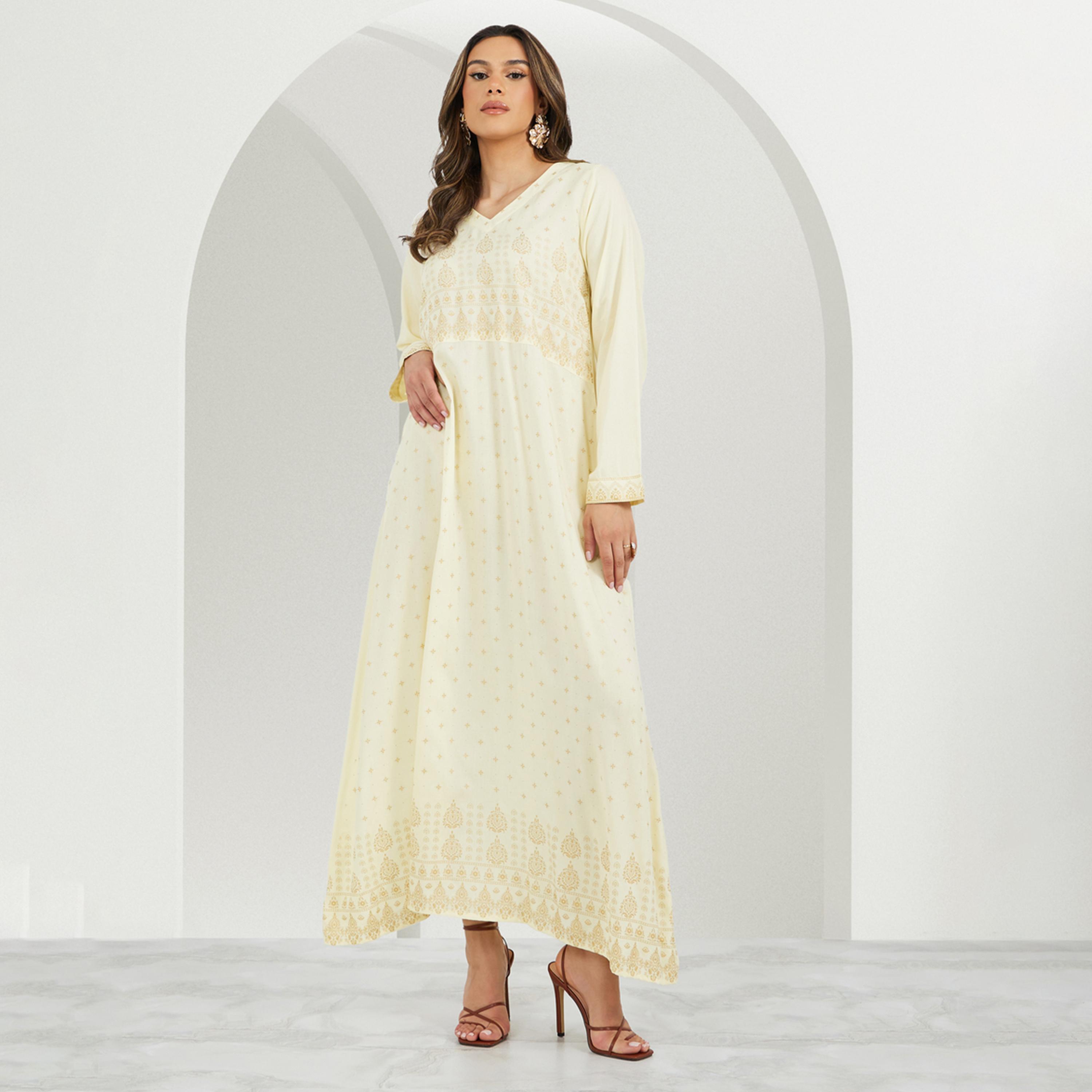 ستايلي - جلابية مطبوعة مع ياقة بشكل V وقصّة A-women-arabicclothing-jalabiyas-image-1