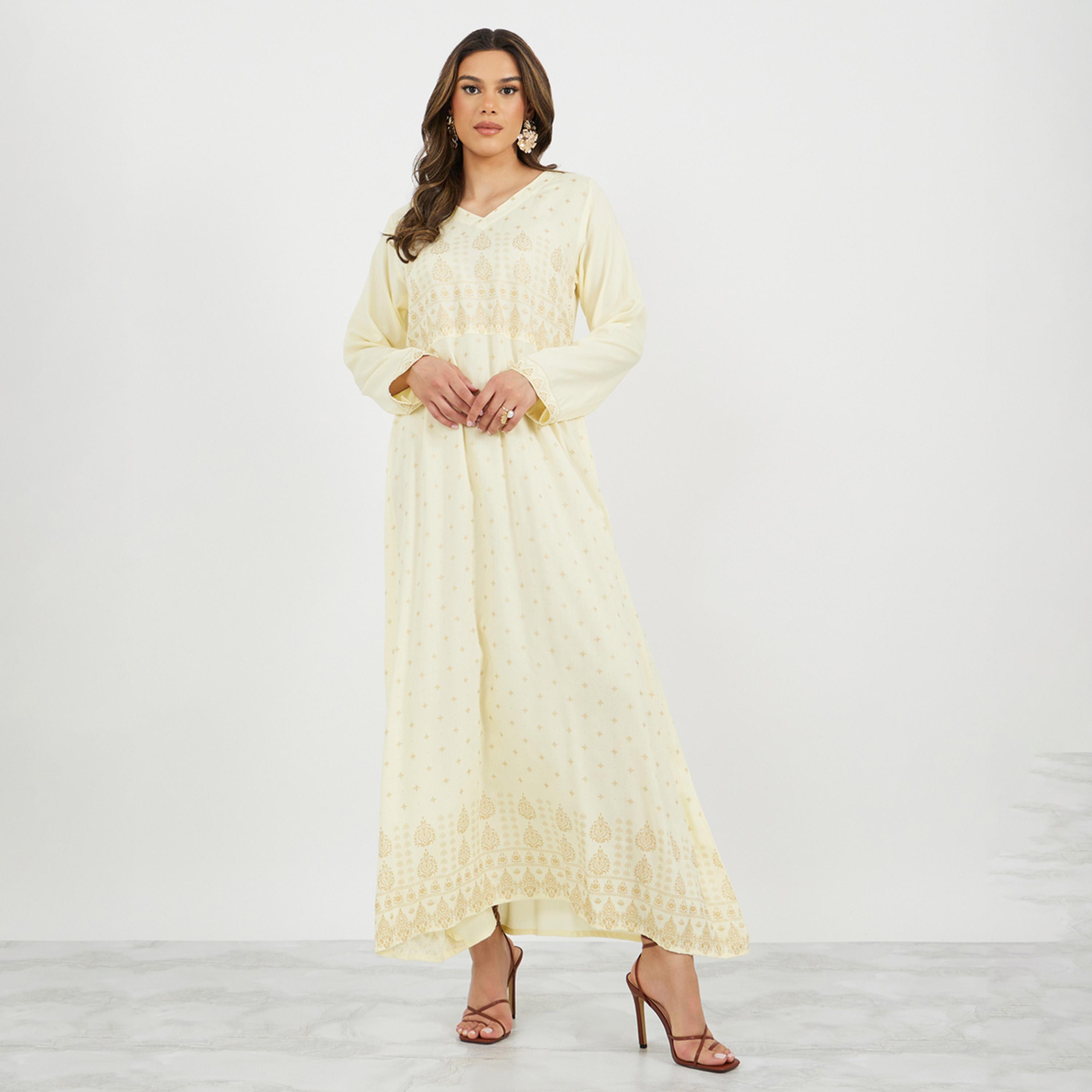 Styli Placement Print V-Neck A-Line Jalabiya-women-arabicclothing-jalabiyas-image-2