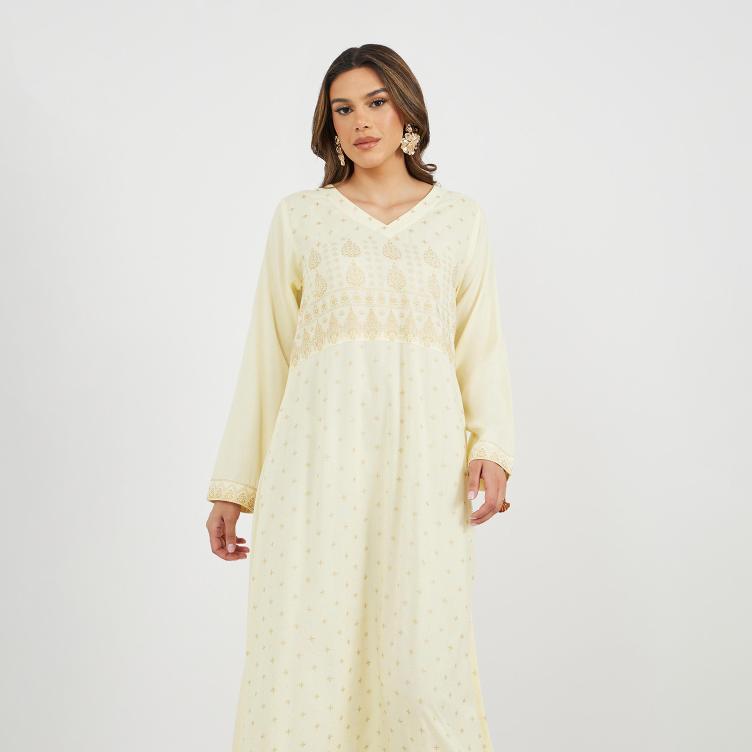 Styli Placement Print V-Neck A-Line Jalabiya-women-arabicclothing-jalabiyas-image-3