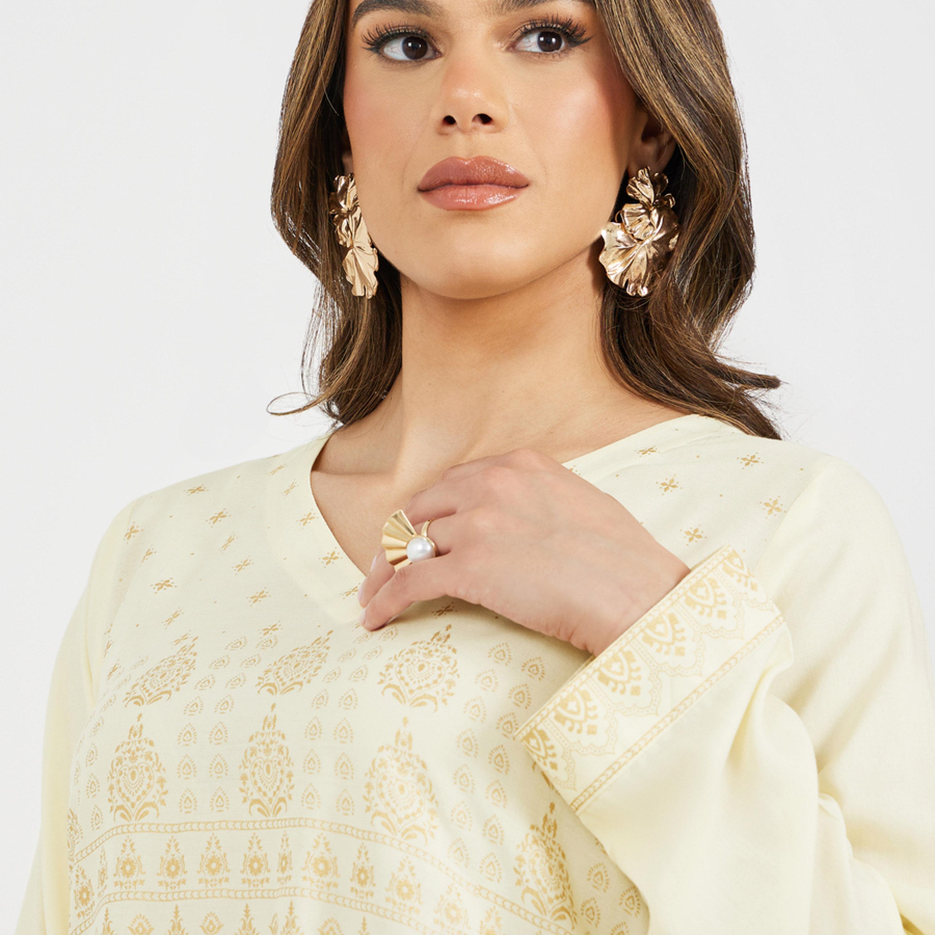 Styli Placement Print V-Neck A-Line Jalabiya-women-arabicclothing-jalabiyas-image-4
