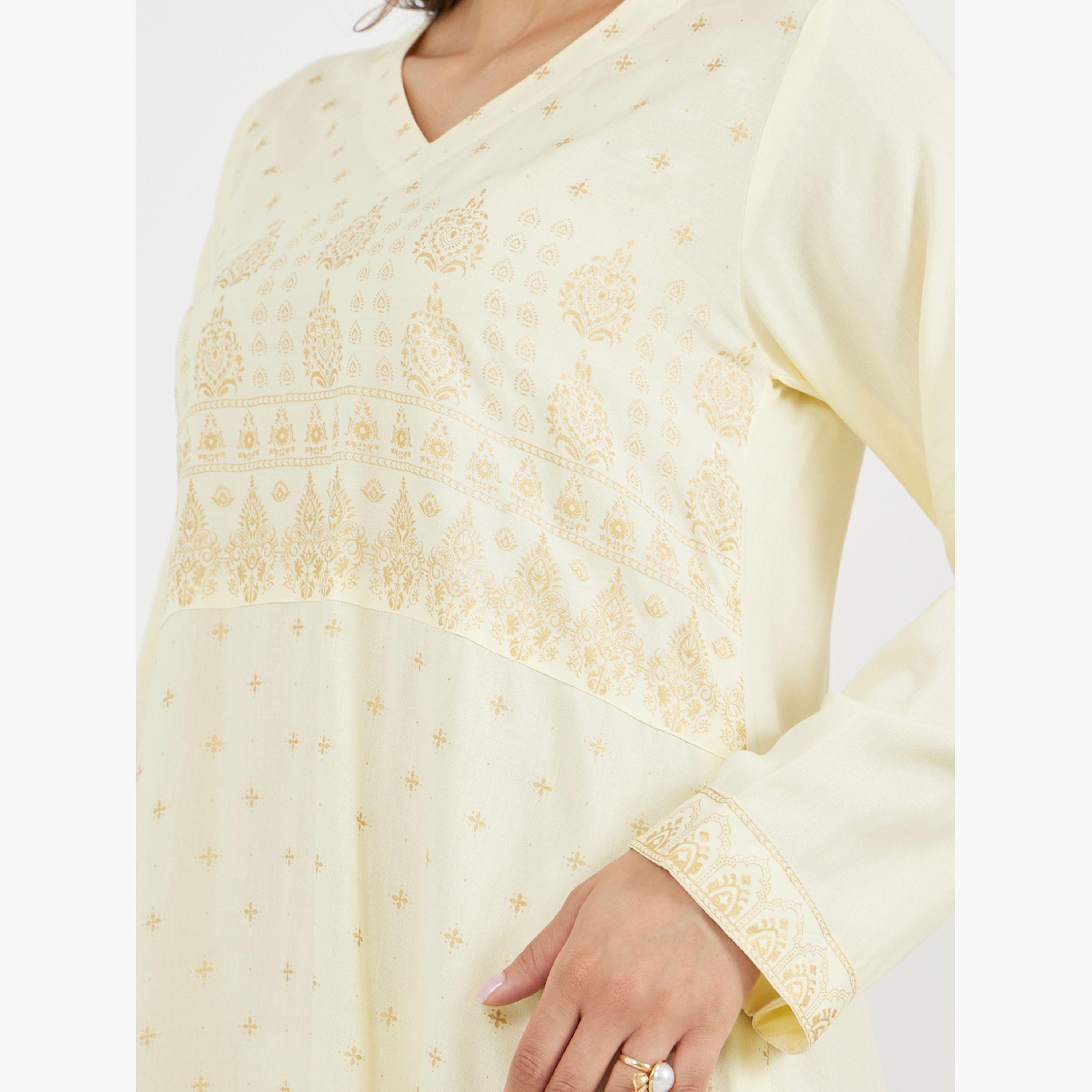 ستايلي - جلابية مطبوعة مع ياقة بشكل V وقصّة A-women-arabicclothing-jalabiyas-image-5