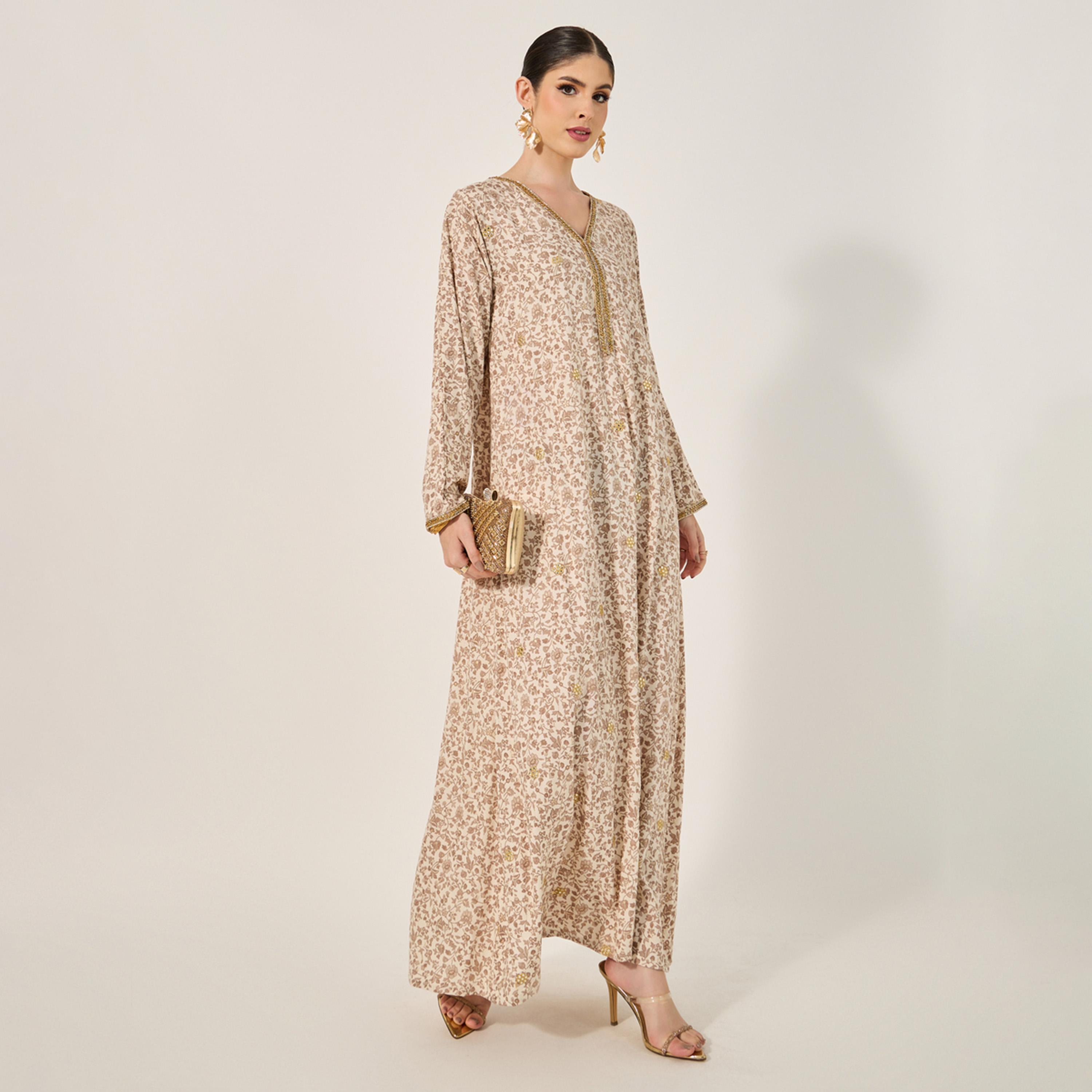 Styli All Over Print Jalabiya With All Ocer Gold Embroidery And Gold Lace Trims At Neck And Sleeve Hem-women-arabicclothing-jalabiyas-image-1