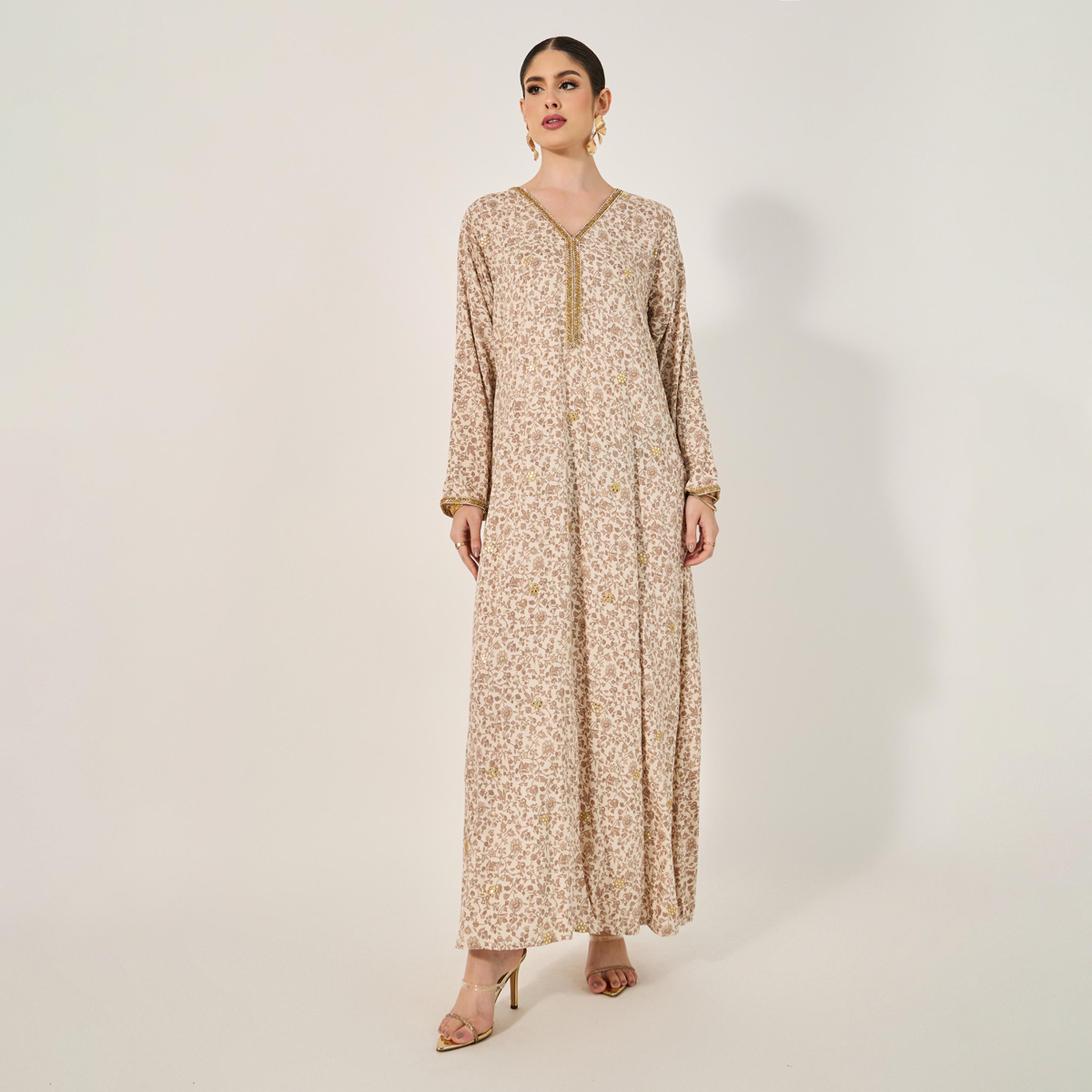 Styli All Over Print Jalabiya With All Ocer Gold Embroidery And Gold Lace Trims At Neck And Sleeve Hem-women-arabicclothing-jalabiyas-image-2
