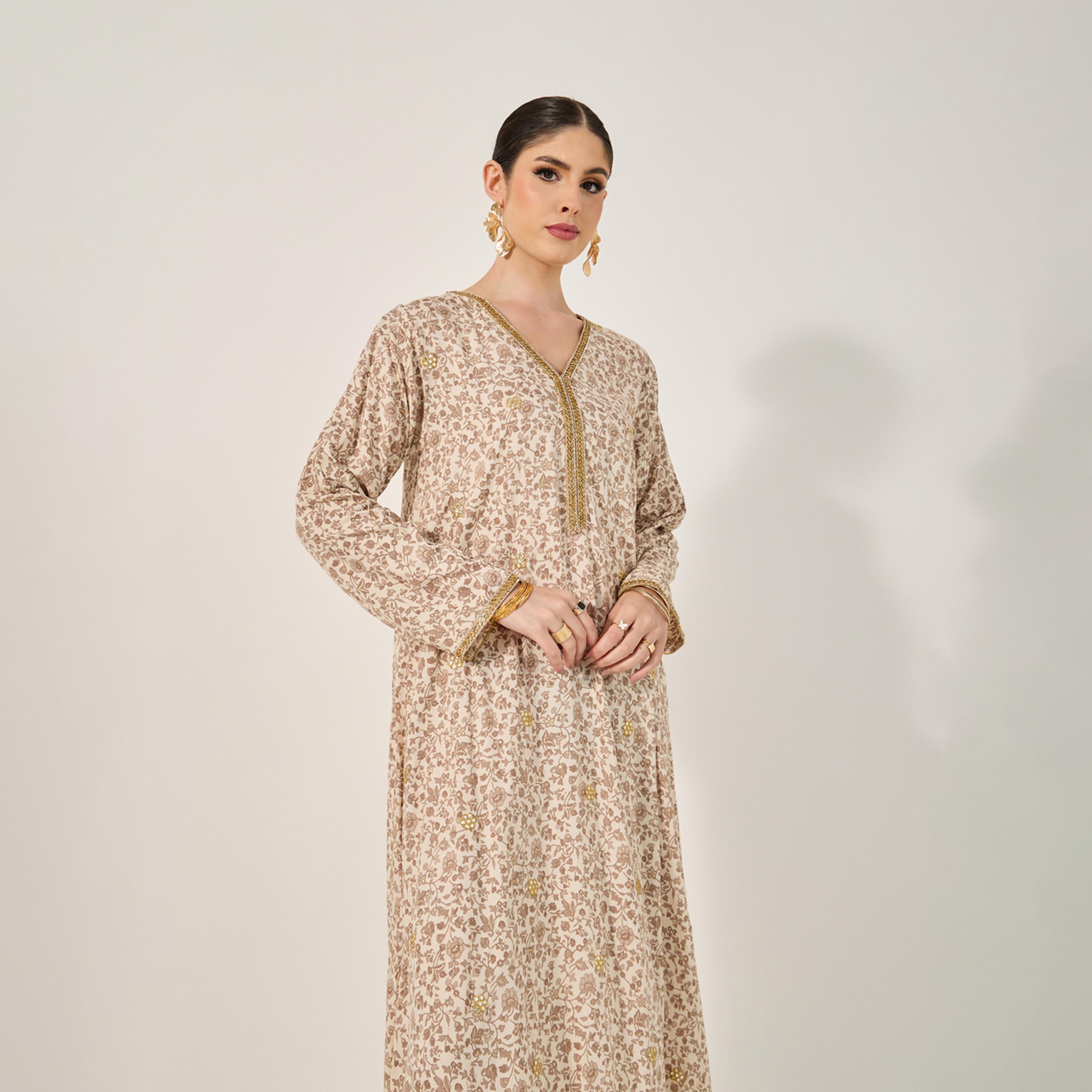 Styli All Over Print Jalabiya With All Ocer Gold Embroidery And Gold Lace Trims At Neck And Sleeve Hem-women-arabicclothing-jalabiyas-image-3